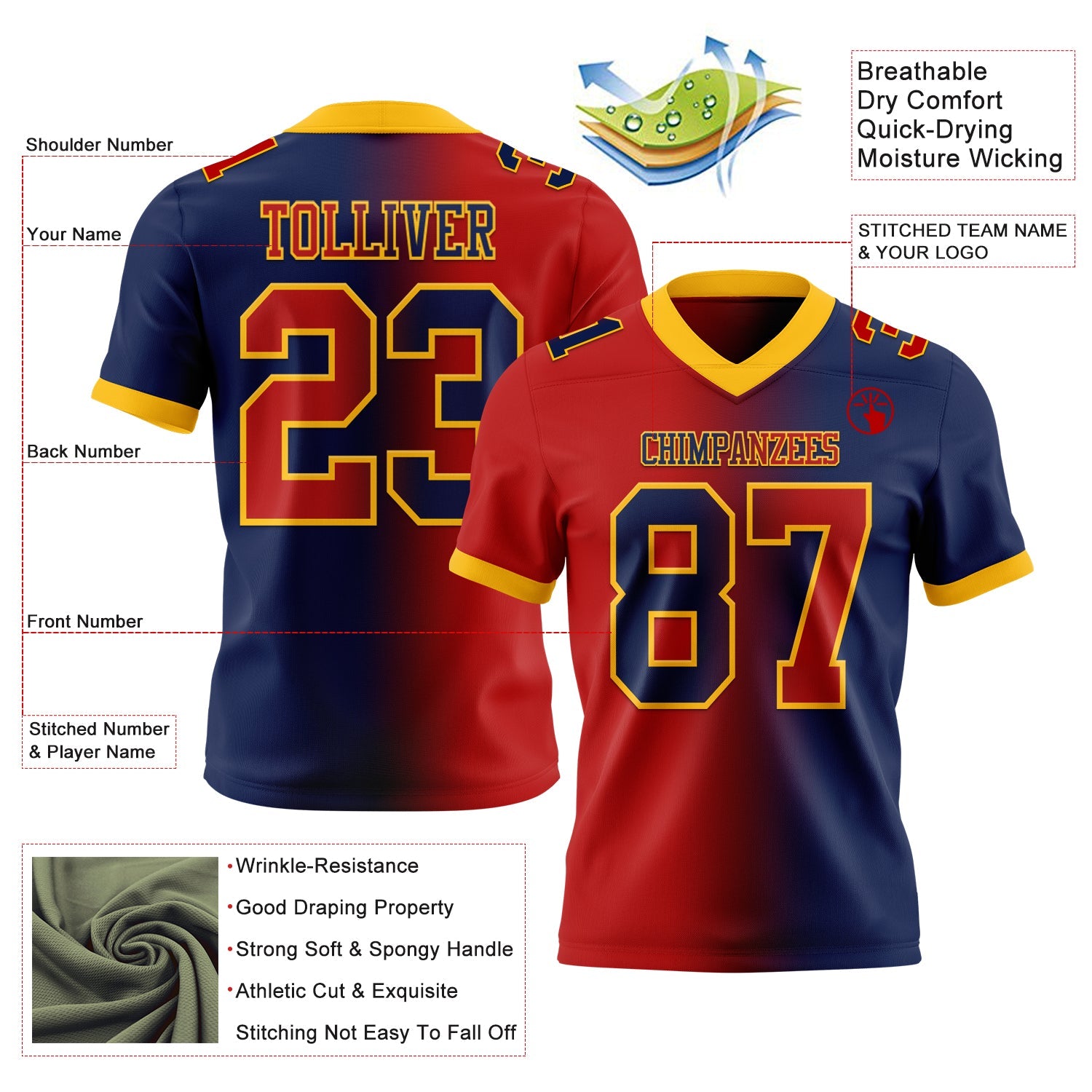 Custom Navy Red-Gold Mesh Authentic Gradient Fashion Football Jersey - Sky-Custom