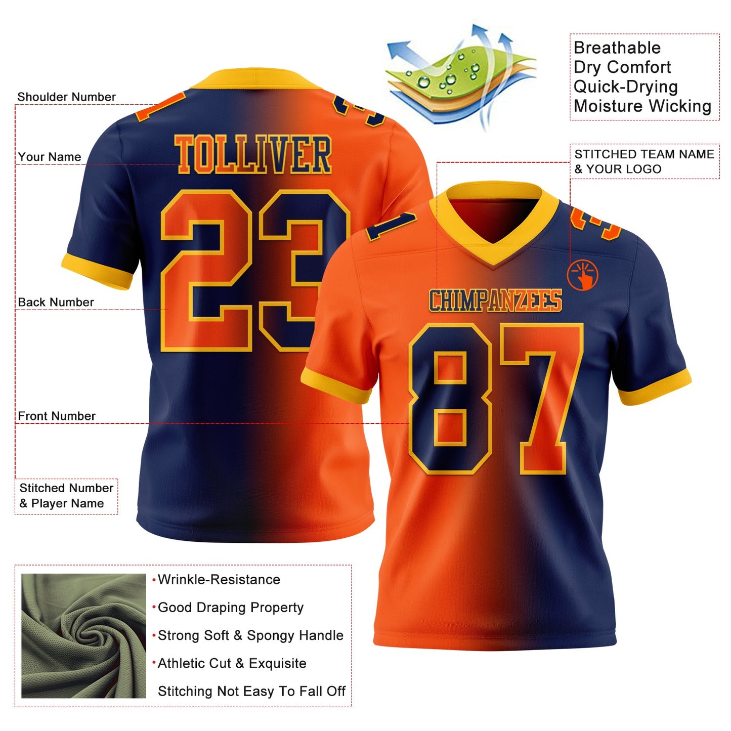 Custom Navy Orange-Gold Mesh Authentic Gradient Fashion Football Jersey - Sky-Custom