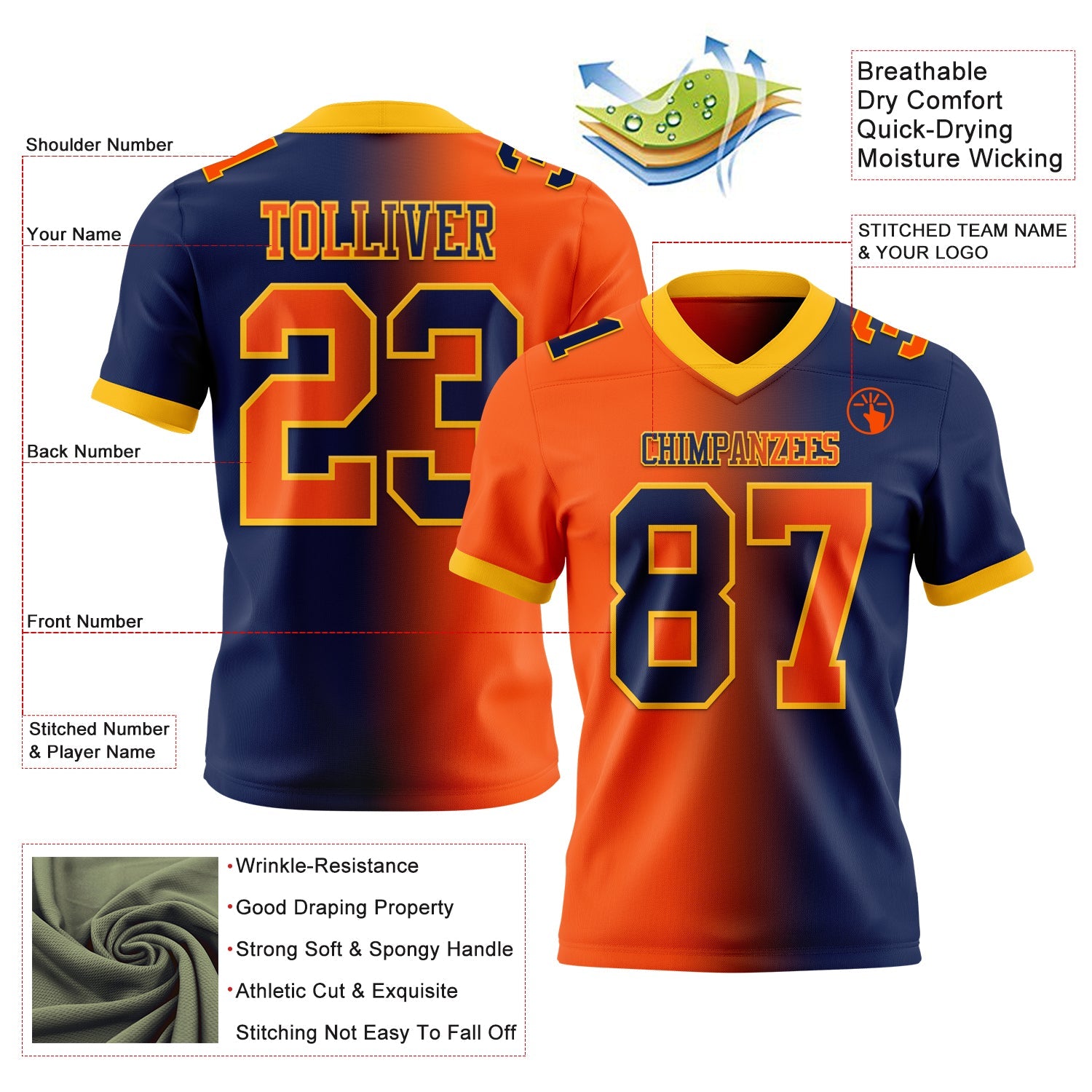 Custom Navy Orange-Gold Mesh Authentic Gradient Fashion Football Jersey - Sky-Custom