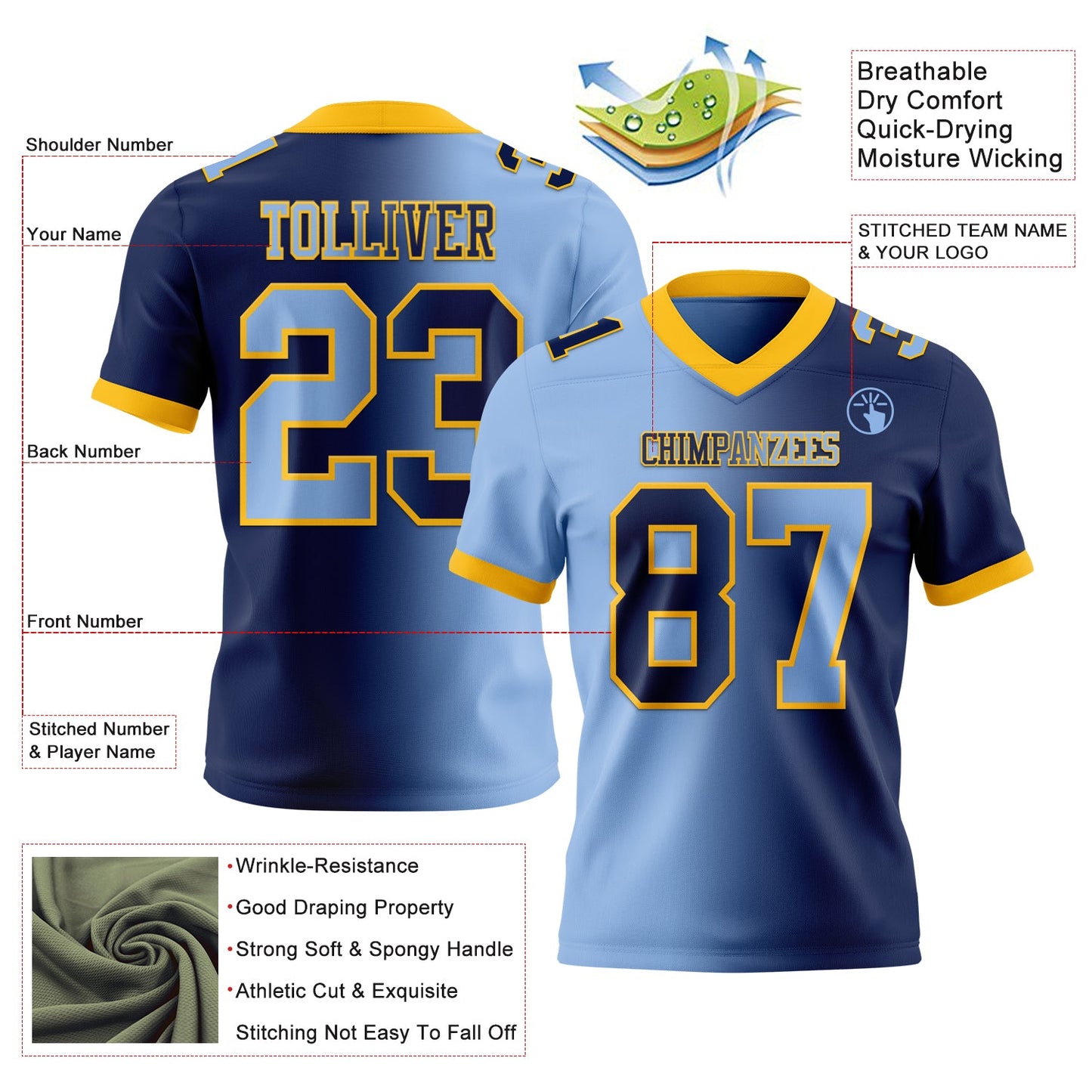 Custom Navy Light Blue-Gold Mesh Authentic Gradient Fashion Football Jersey - Sky-Custom