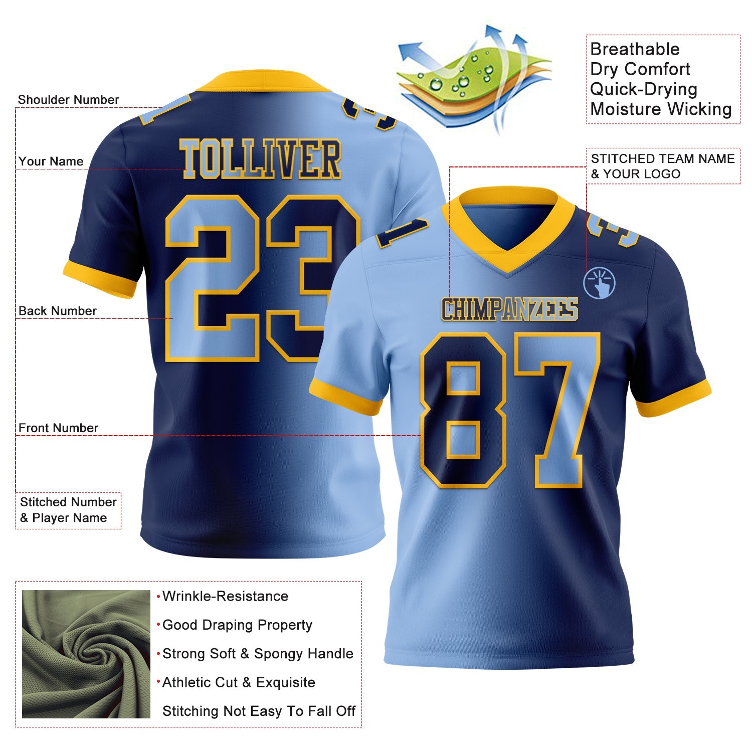 Custom Navy Light Blue-Gold Mesh Authentic Gradient Fashion Football Jersey - Sky-Custom