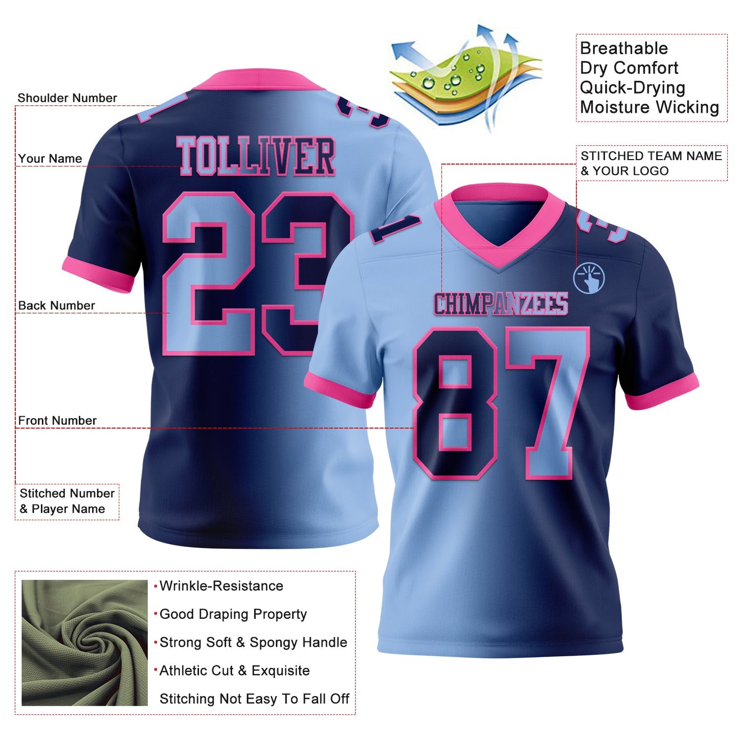 Custom Navy Light Blue-Pink Mesh Authentic Gradient Fashion Football Jersey - Sky-Custom