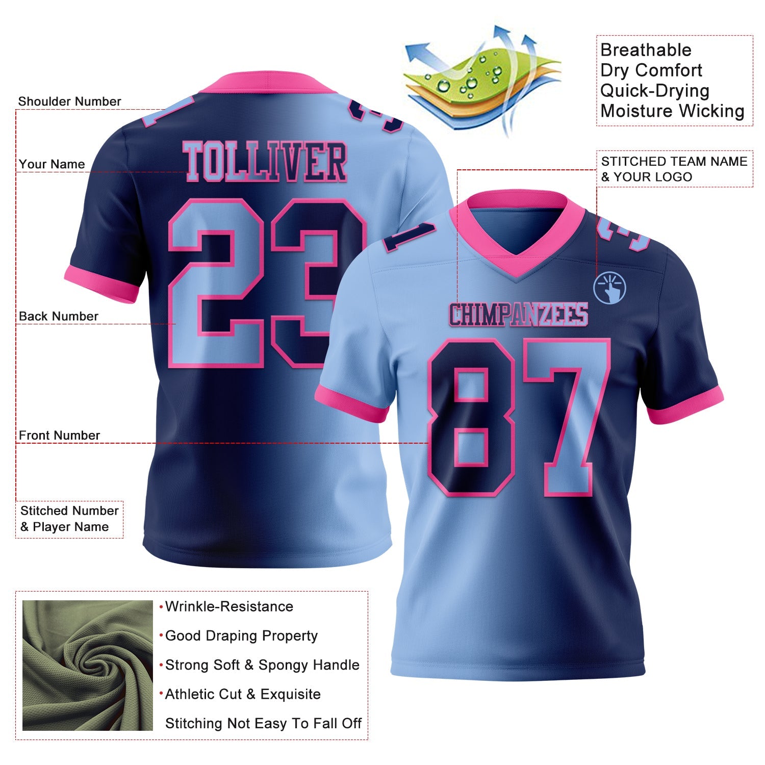 Custom Navy Light Blue-Pink Mesh Authentic Gradient Fashion Football Jersey - Sky-Custom