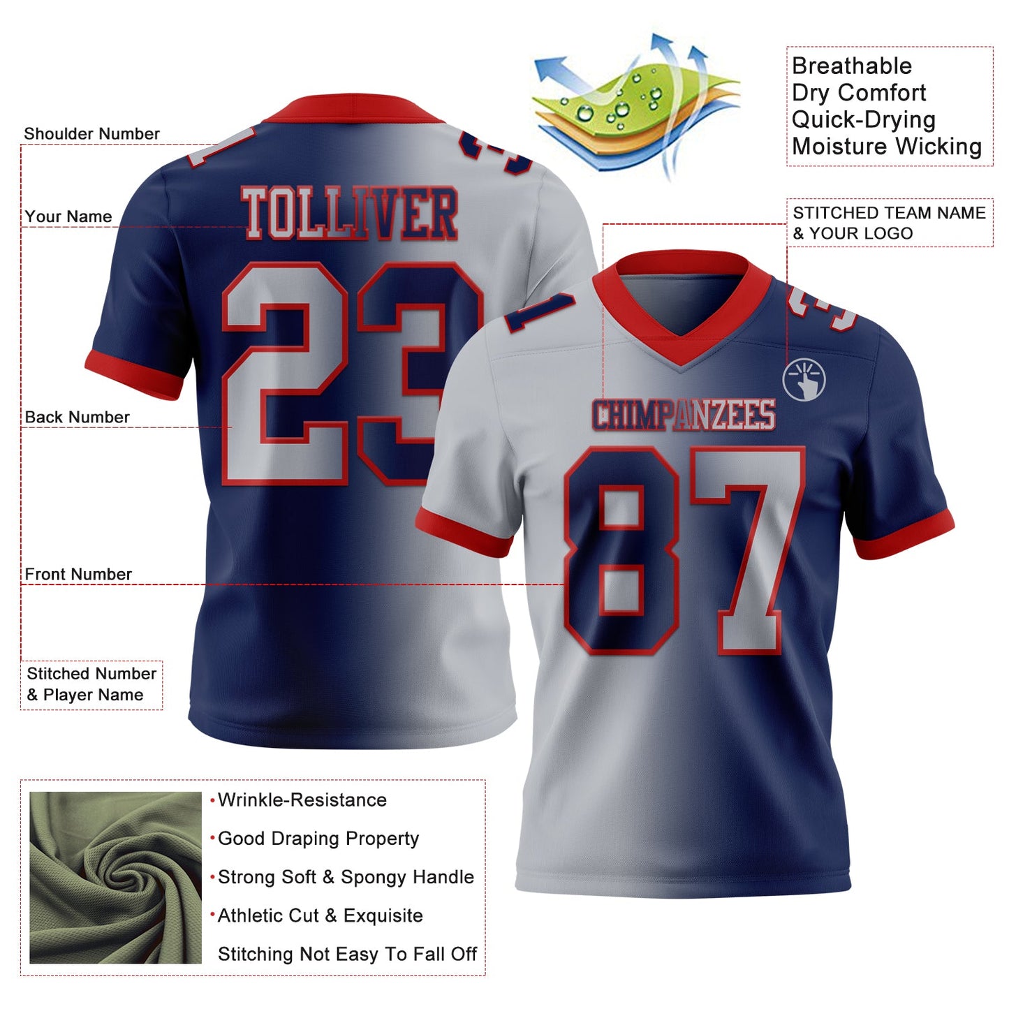 Custom Navy Gray-Red Mesh Authentic Gradient Fashion Football Jersey - Sky-Custom