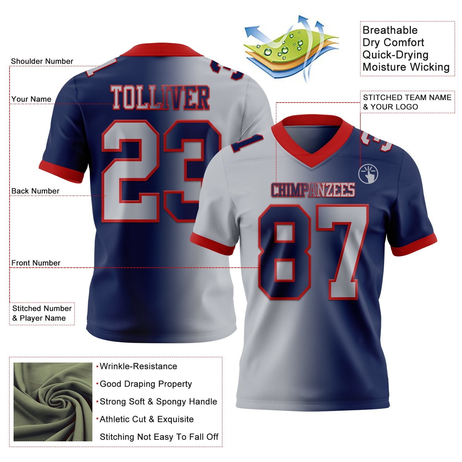 Custom Navy Gray-Red Mesh Authentic Gradient Fashion Football Jersey - Sky-Custom