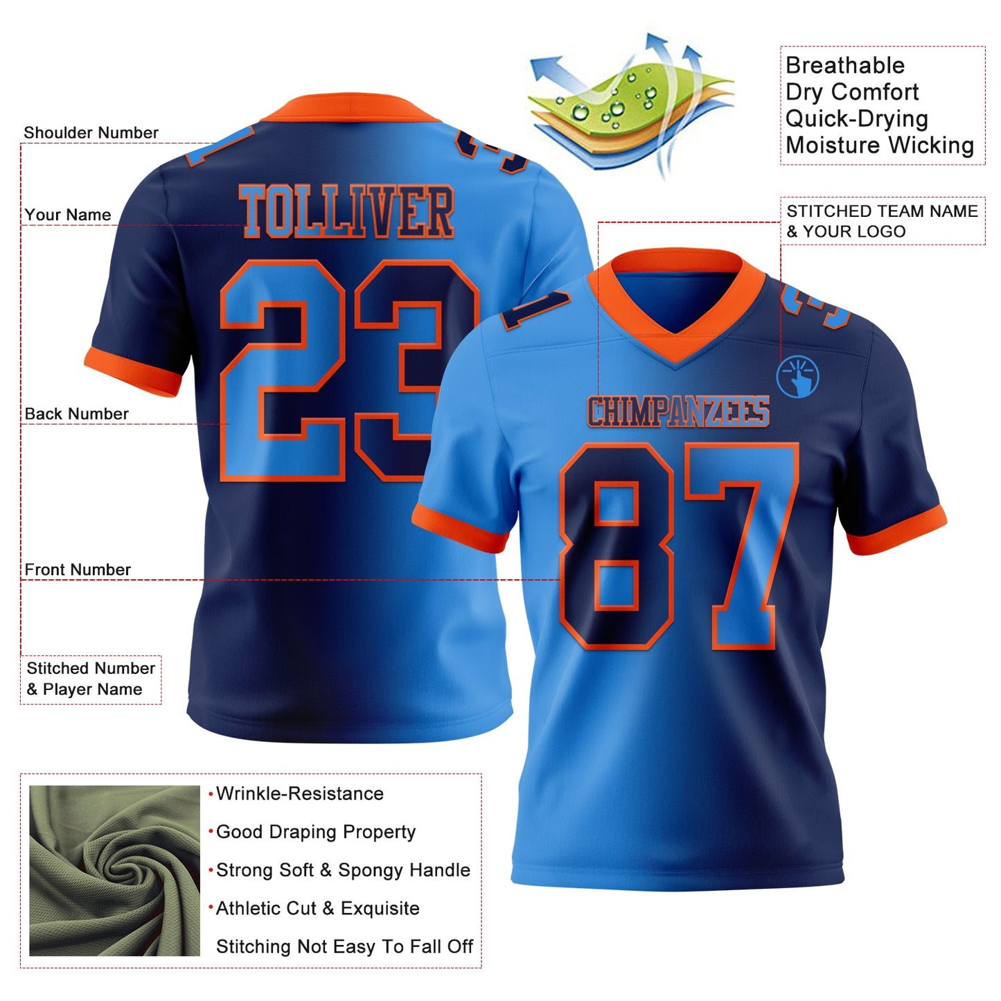 Custom Navy Powder Blue-Orange Mesh Authentic Gradient Fashion Football Jersey - Sky-Custom
