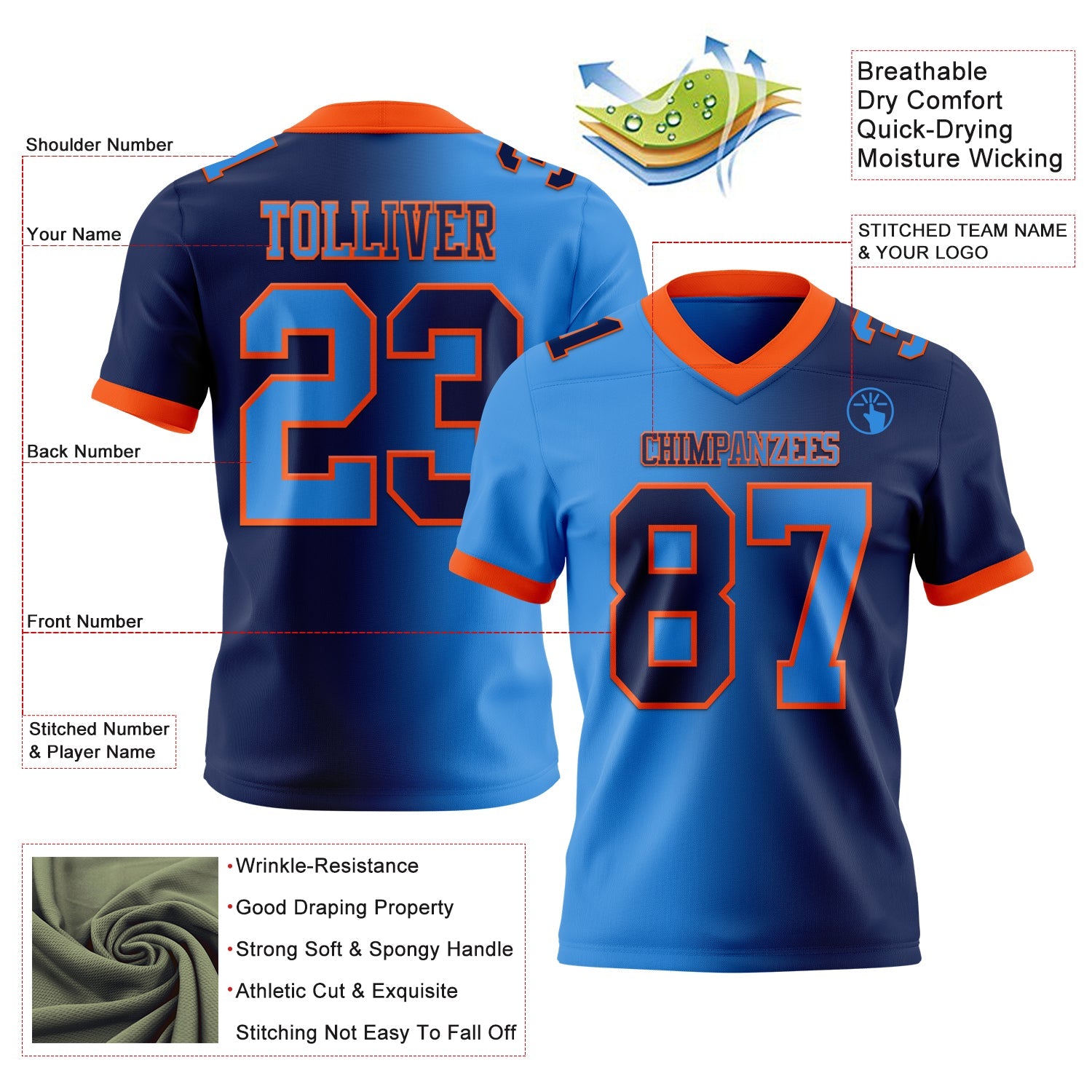Custom Navy Powder Blue-Orange Mesh Authentic Gradient Fashion Football Jersey - Sky-Custom