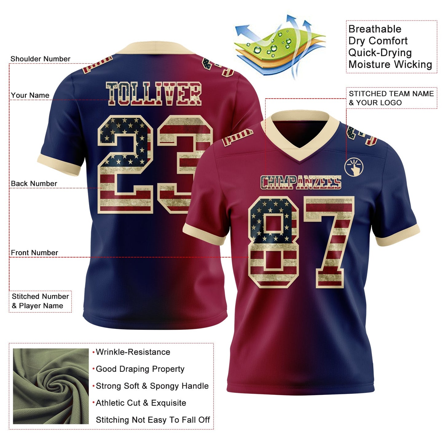 Custom Navy Vintage USA Flag Maroon-Cream Mesh Authentic Gradient Fashion Football Jersey - Sky-Custom