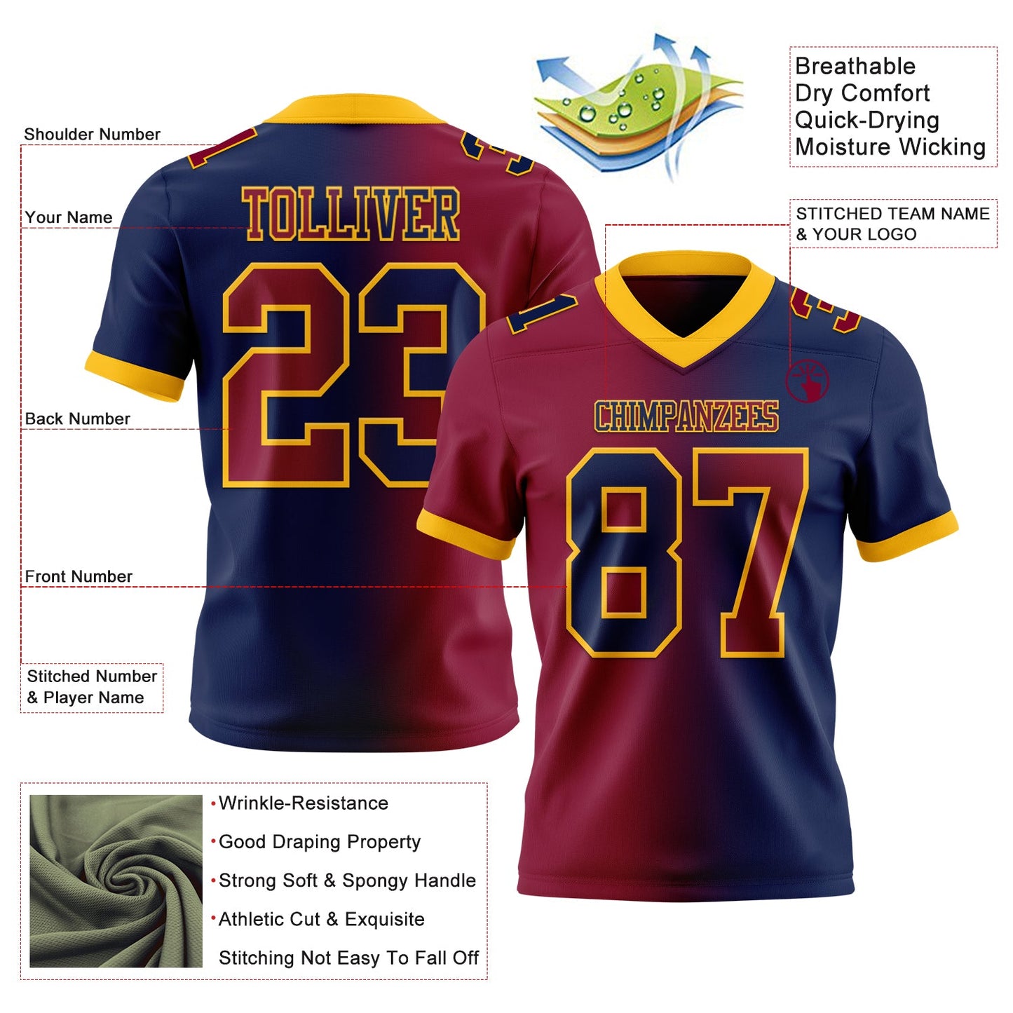 Custom Navy Maroon-Gold Mesh Authentic Gradient Fashion Football Jersey - Sky-Custom