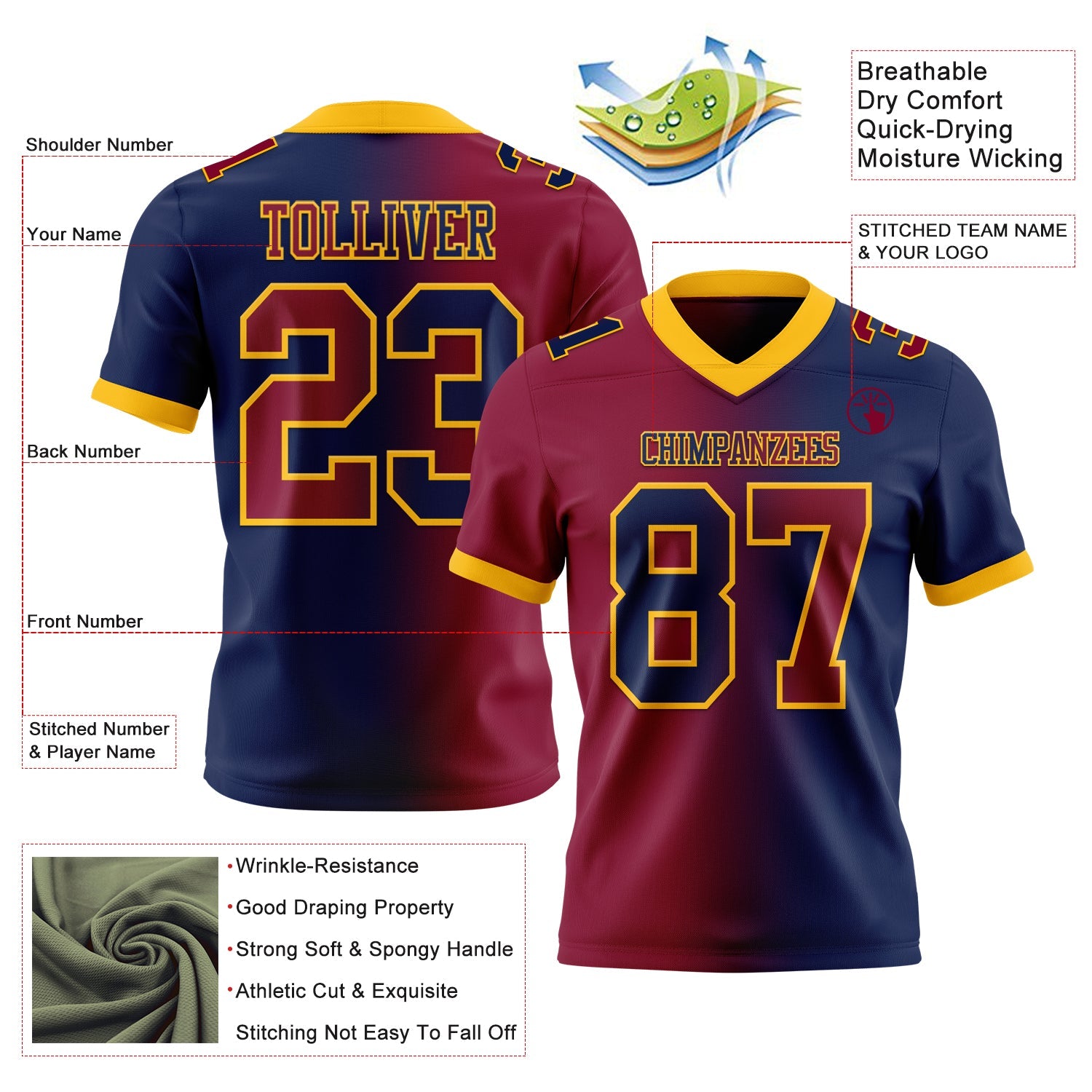 Custom Navy Maroon-Gold Mesh Authentic Gradient Fashion Football Jersey - Sky-Custom