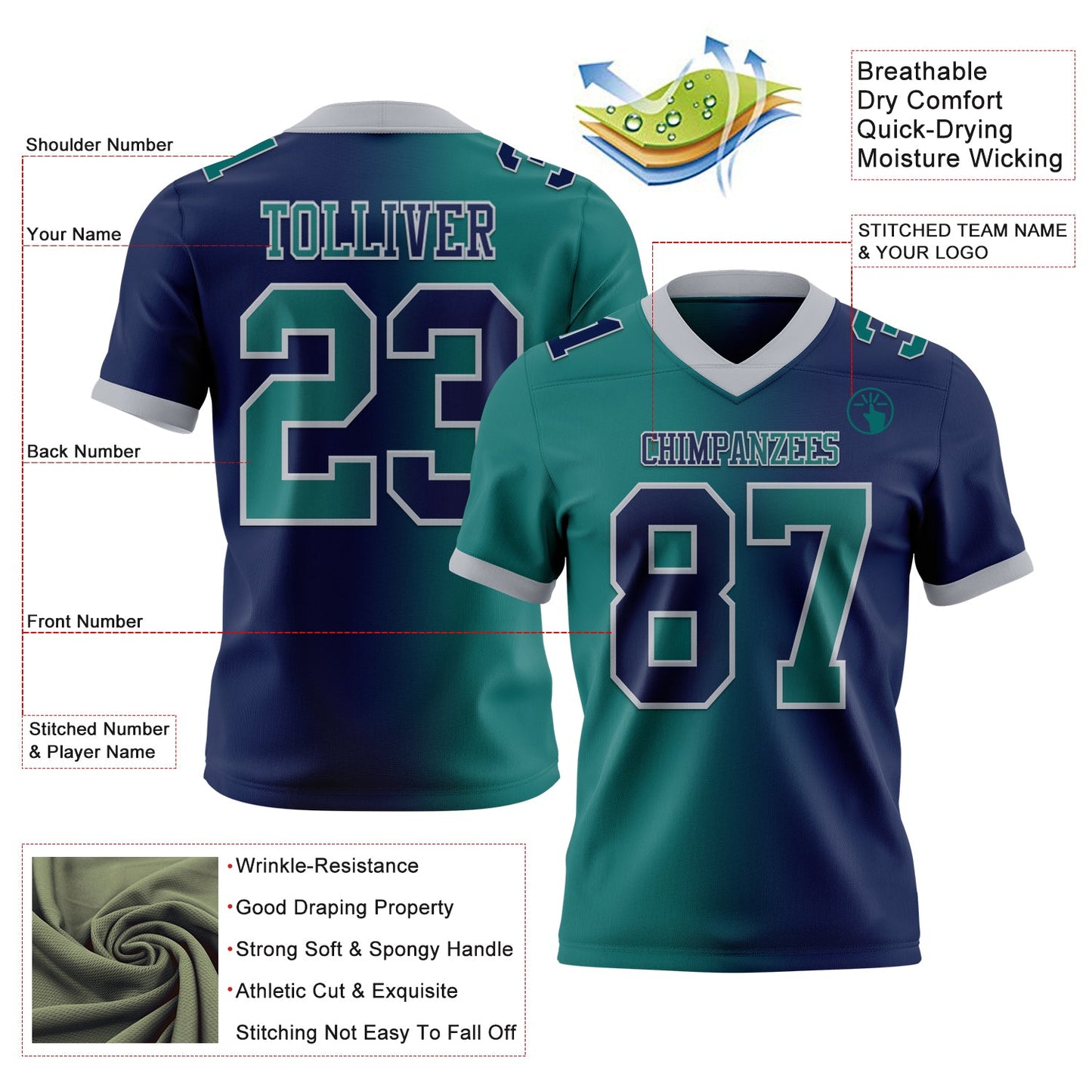 Custom Navy Teal-Gray Mesh Authentic Gradient Fashion Football Jersey - Sky-Custom
