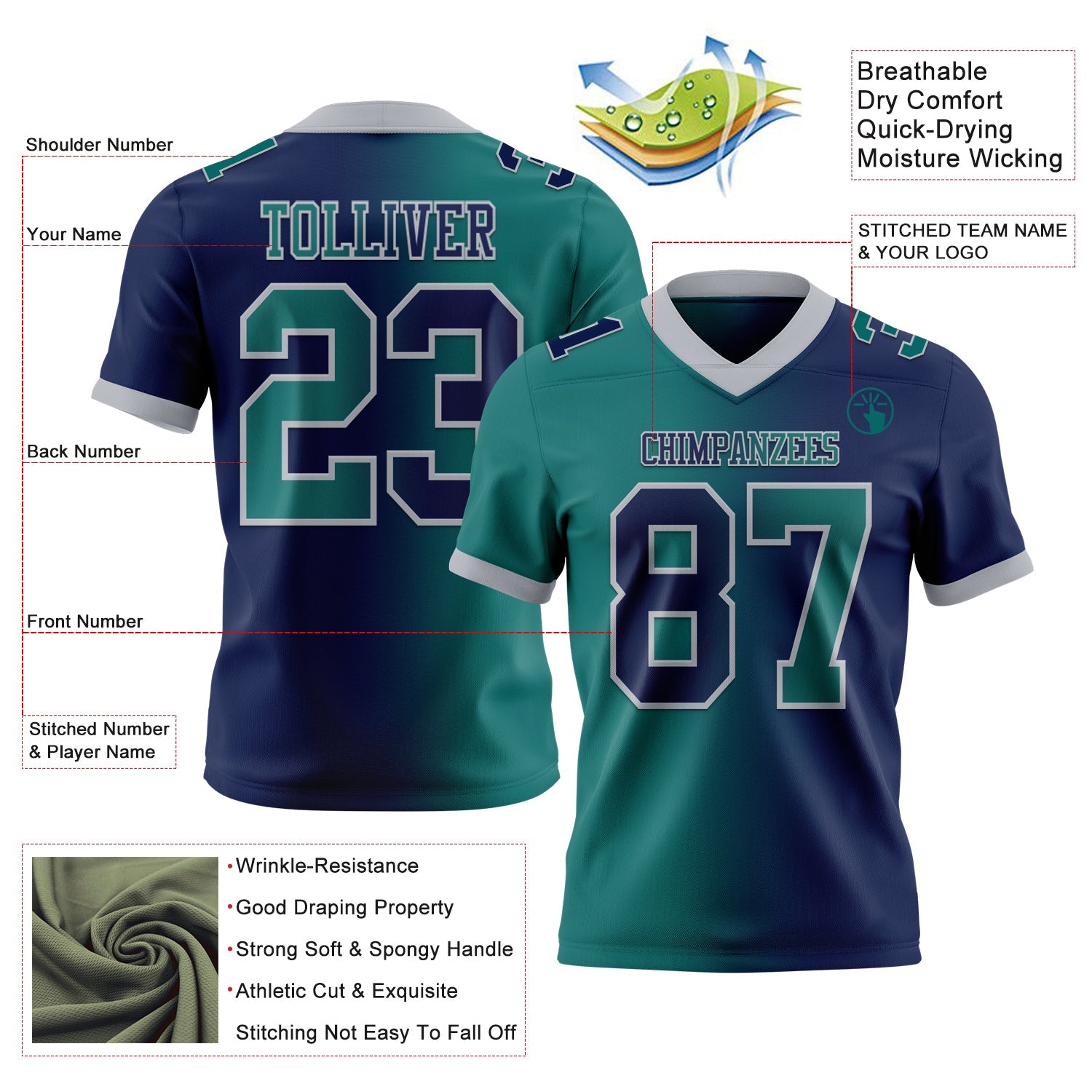 Custom Navy Teal-Gray Mesh Authentic Gradient Fashion Football Jersey - Sky-Custom