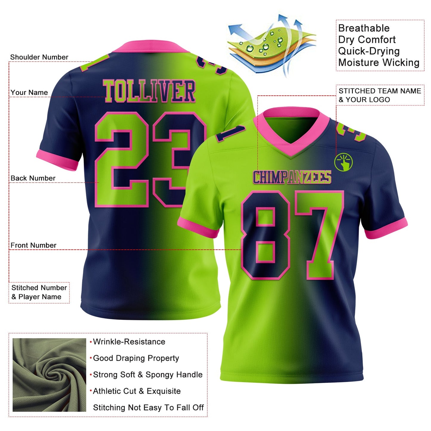 Custom Navy Neon Green-Pink Mesh Authentic Gradient Fashion Football Jersey - Sky-Custom