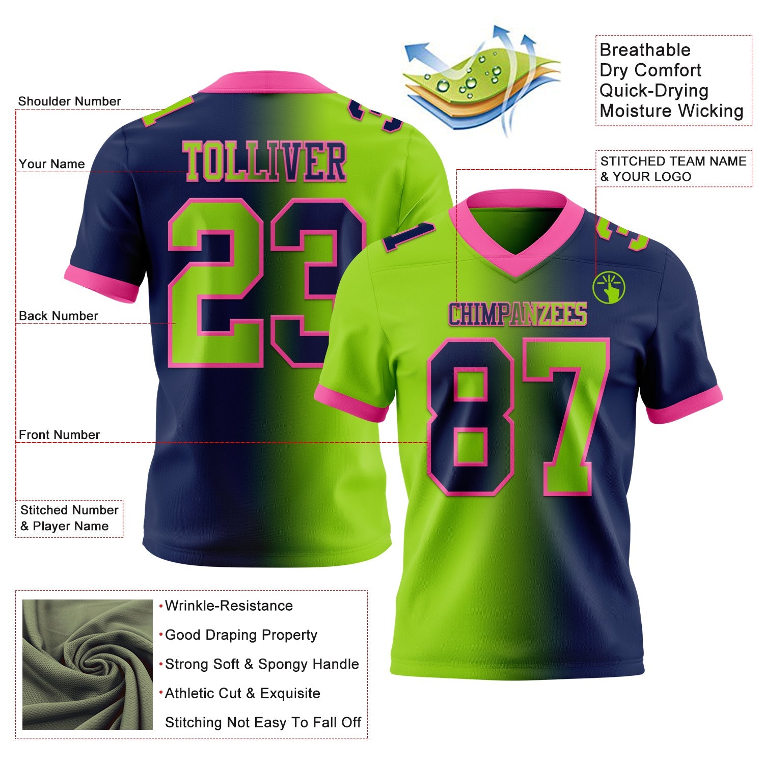 Custom Navy Neon Green-Pink Mesh Authentic Gradient Fashion Football Jersey - Sky-Custom