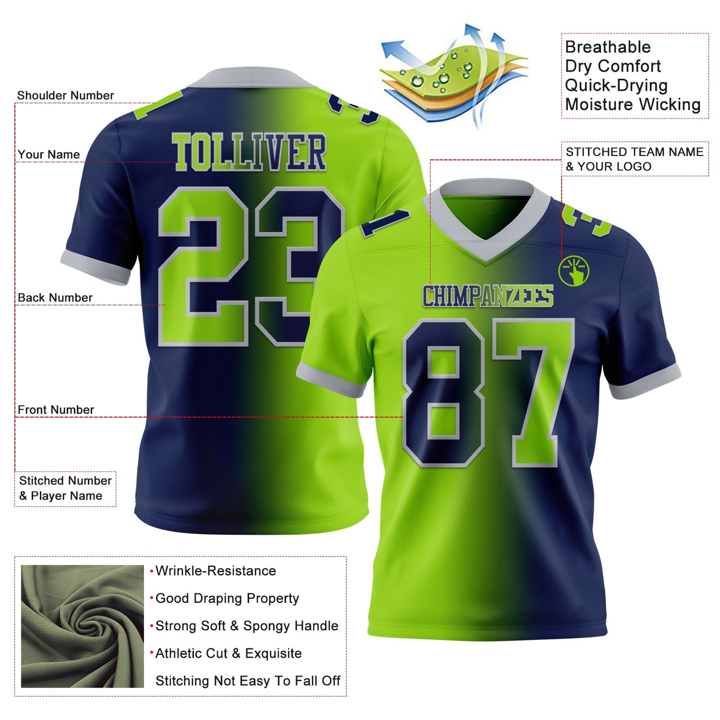 Custom Navy Neon Green-Gray Mesh Authentic Gradient Fashion Football Jersey - Sky-Custom