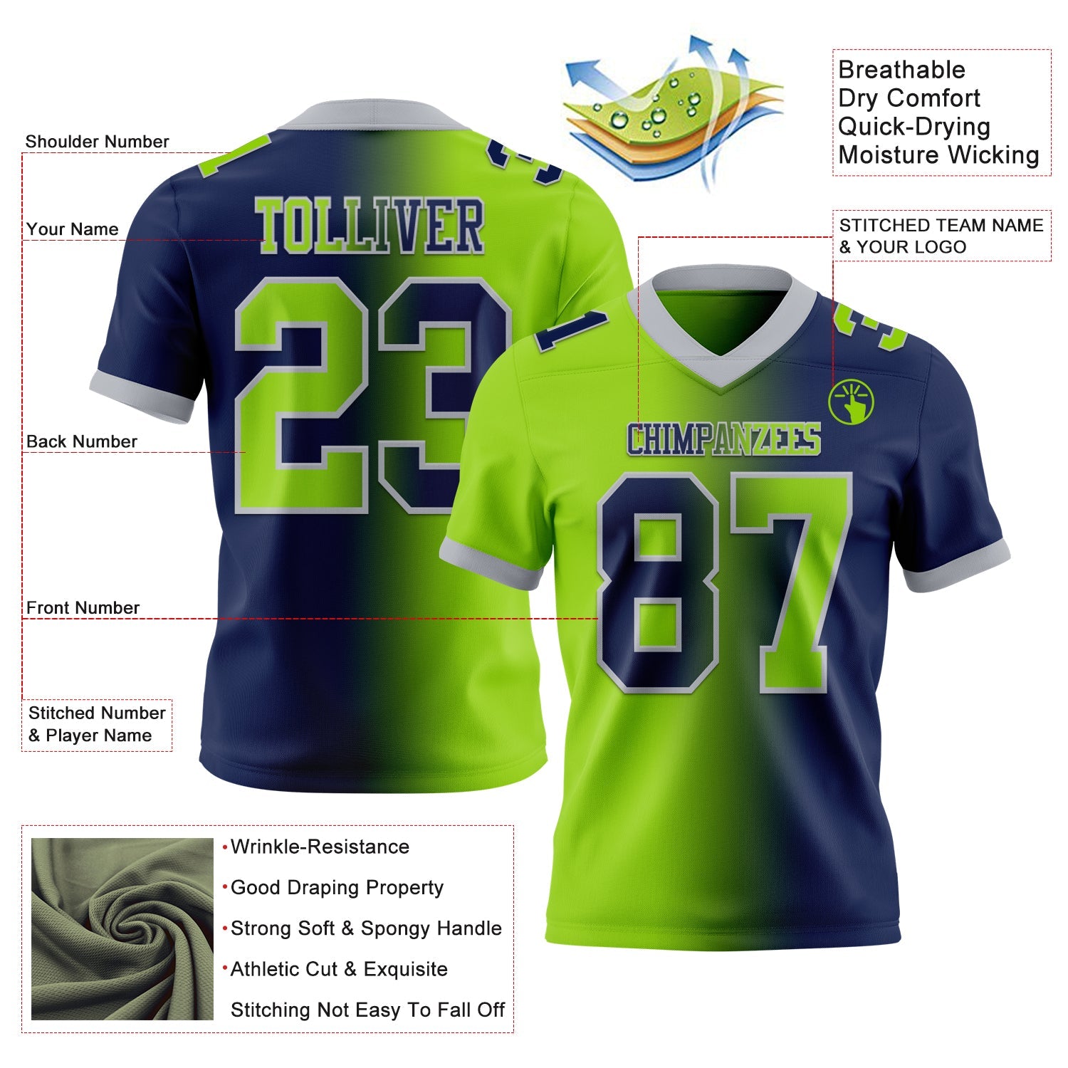 Custom Navy Neon Green-Gray Mesh Authentic Gradient Fashion Football Jersey - Sky-Custom