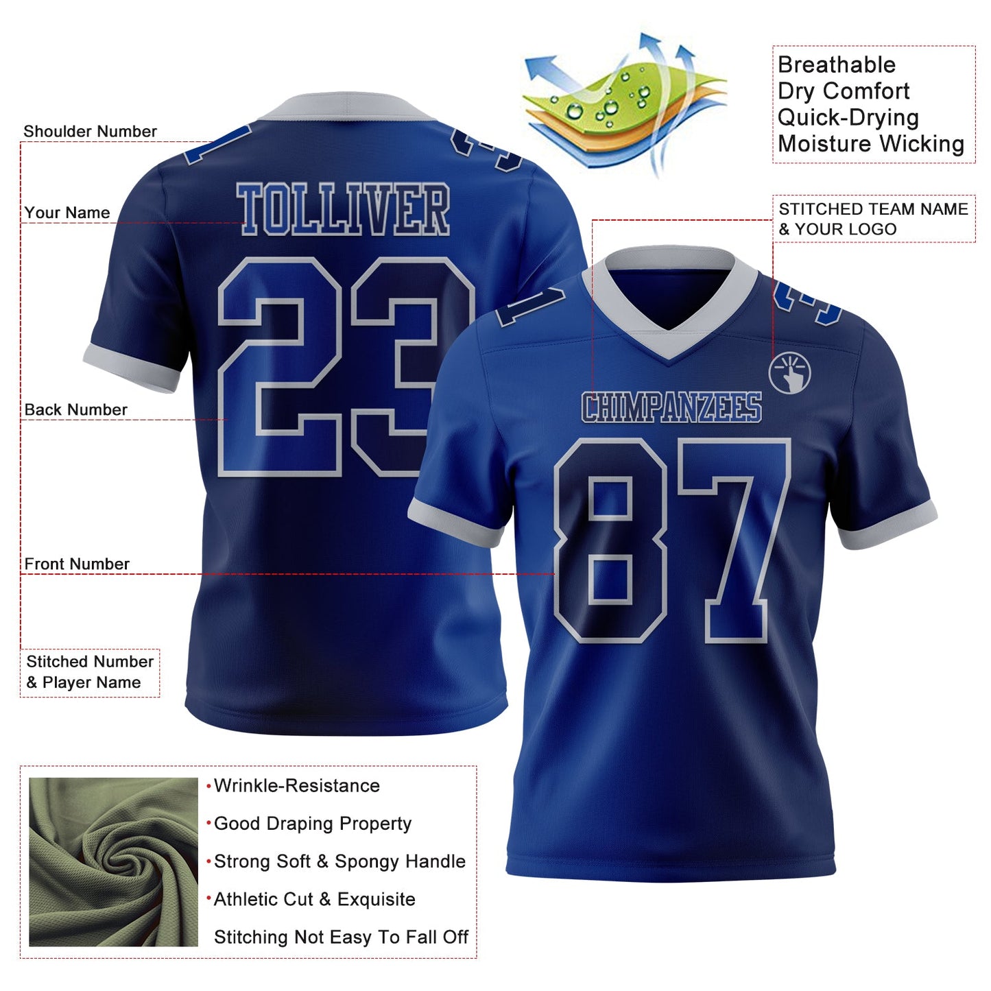 Custom Navy Royal-Gray Mesh Authentic Gradient Fashion Football Jersey - Sky-Custom