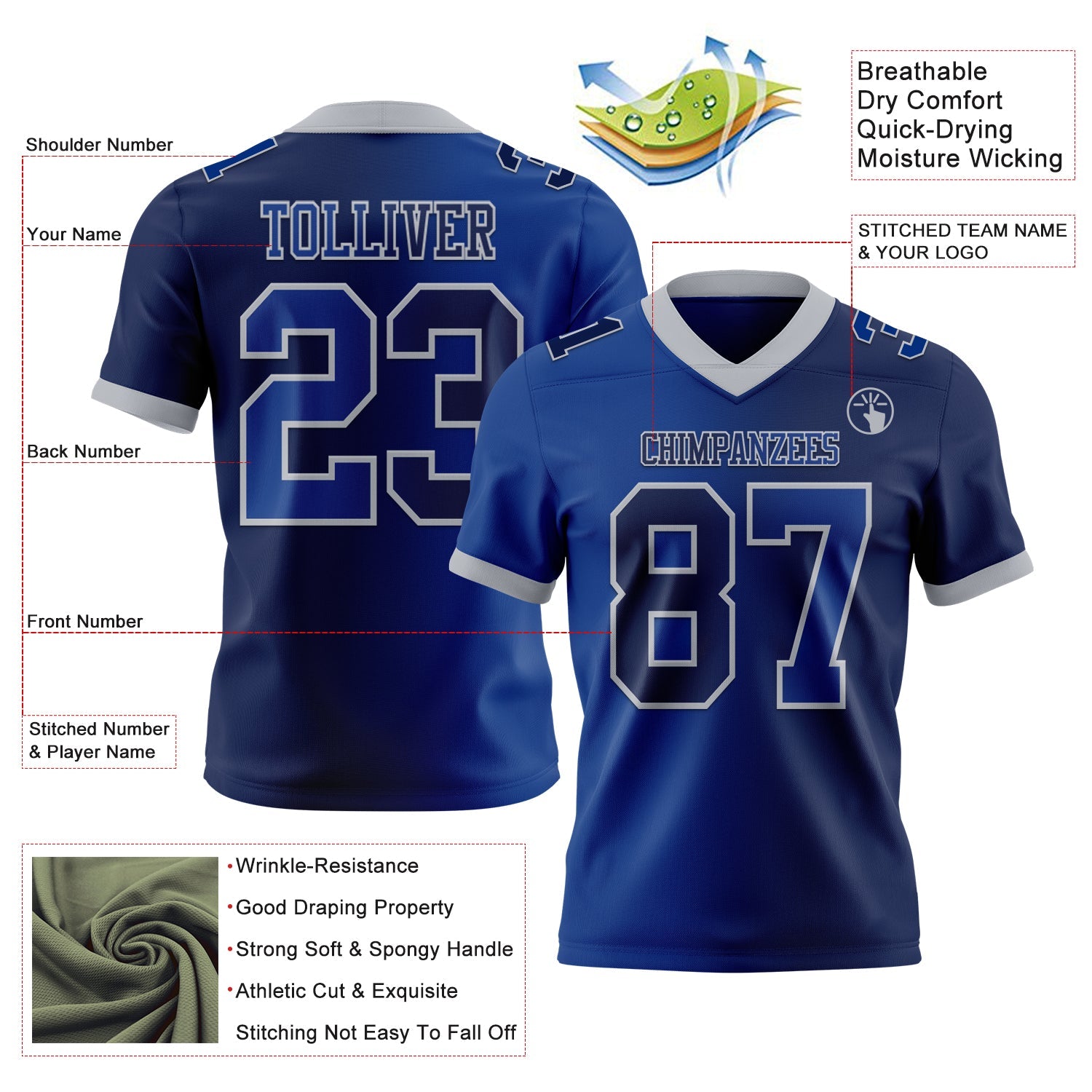 Custom Navy Royal-Gray Mesh Authentic Gradient Fashion Football Jersey - Sky-Custom