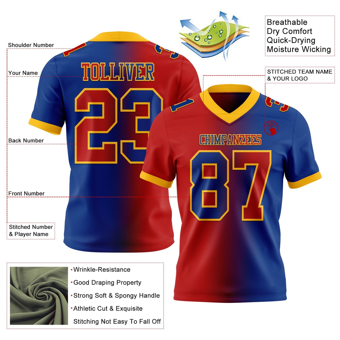 Custom Royal Red-Gold Mesh Authentic Gradient Fashion Football Jersey - Sky-Custom