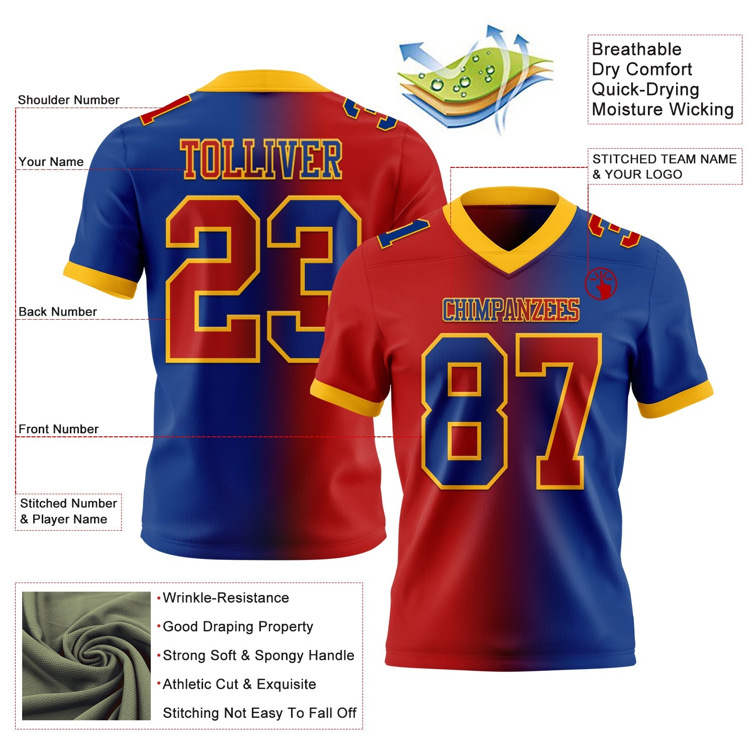 Custom Royal Red-Gold Mesh Authentic Gradient Fashion Football Jersey - Sky-Custom