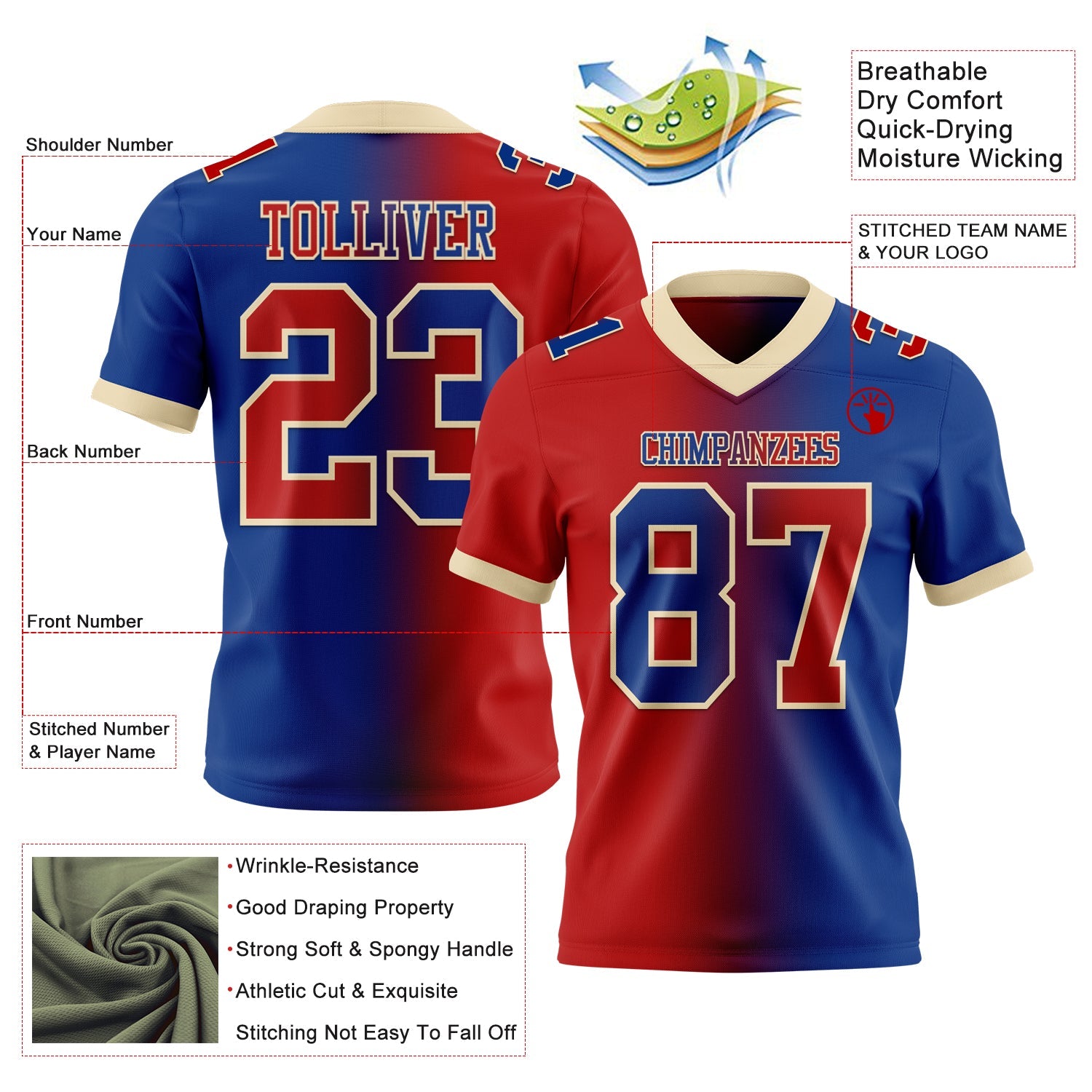 Custom Royal Red-Cream Mesh Authentic Gradient Fashion Football Jersey - Sky-Custom