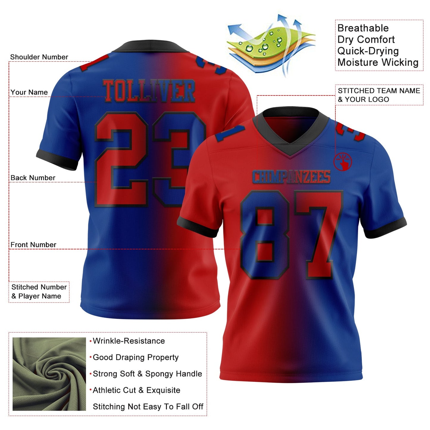 Custom Royal Red-Black Mesh Authentic Gradient Fashion Football Jersey - Sky-Custom