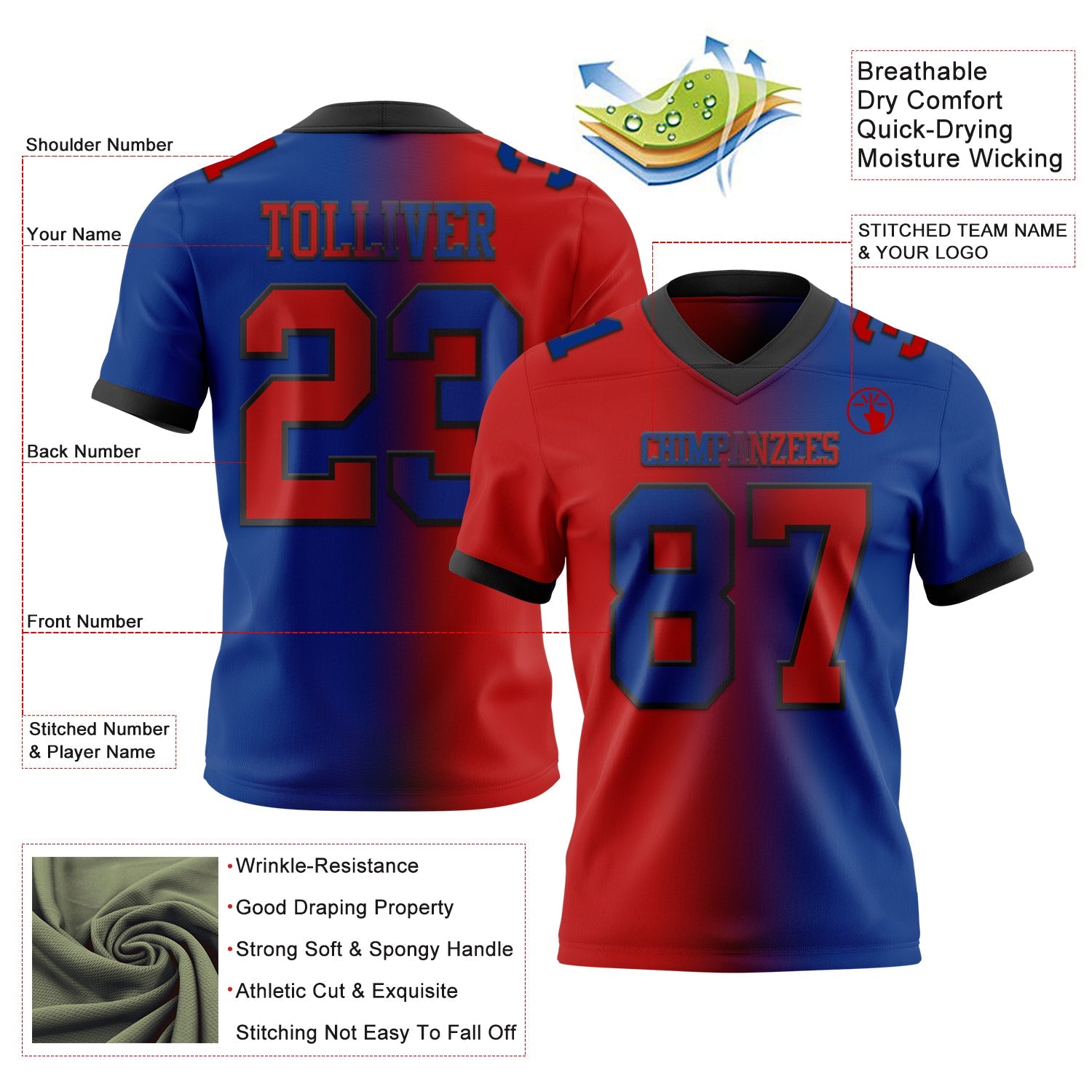 Custom Royal Red-Black Mesh Authentic Gradient Fashion Football Jersey - Sky-Custom