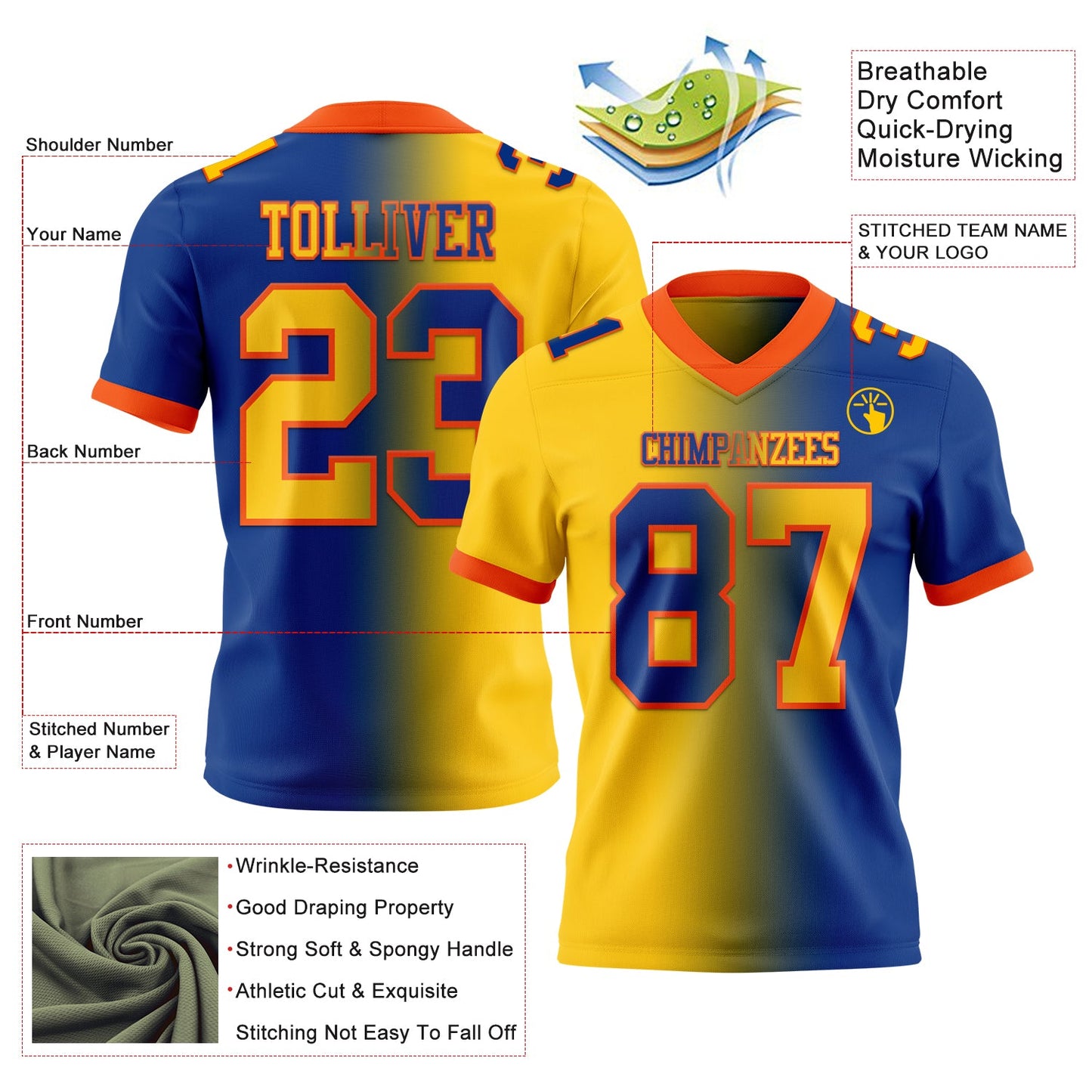 Custom Royal Yellow-Orange Mesh Authentic Gradient Fashion Football Jersey - Sky-Custom