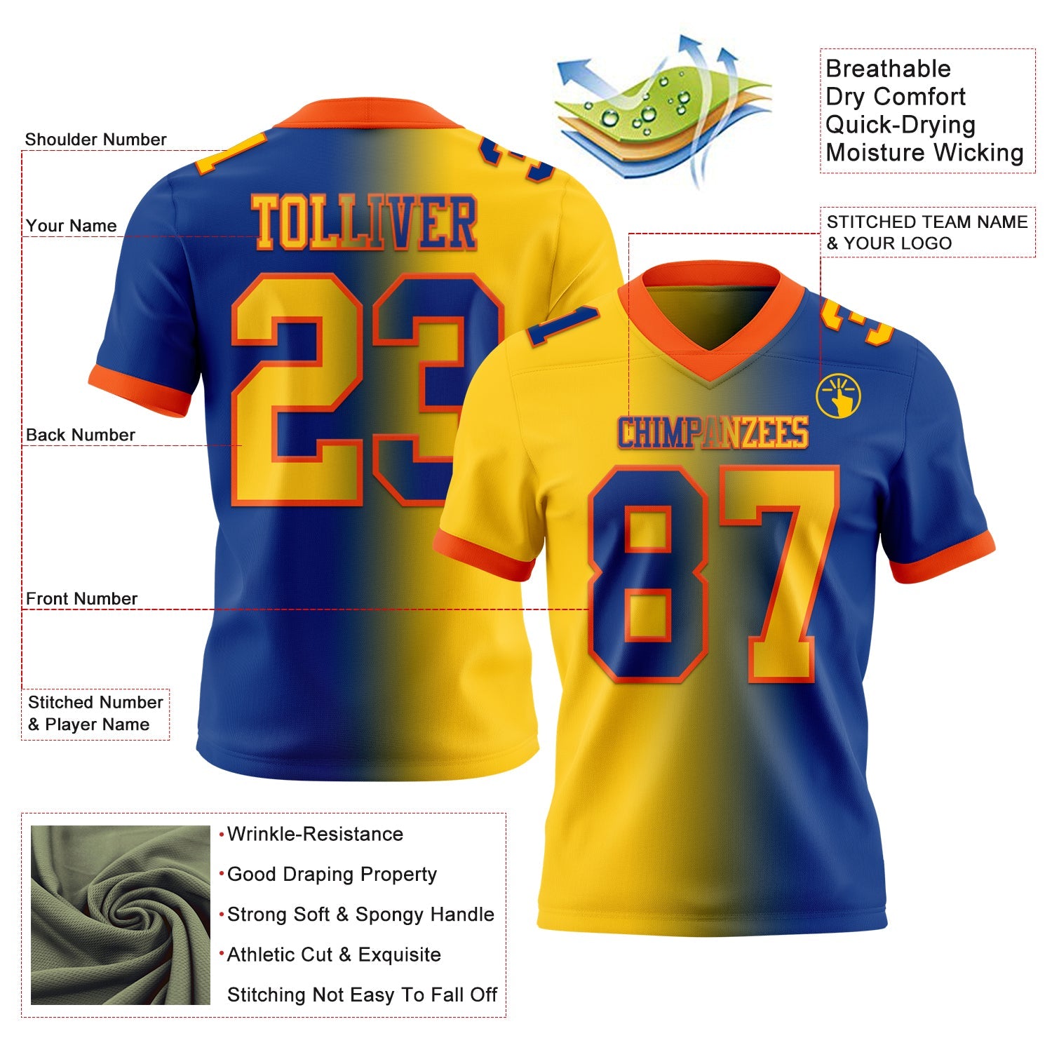 Custom Royal Yellow-Orange Mesh Authentic Gradient Fashion Football Jersey - Sky-Custom