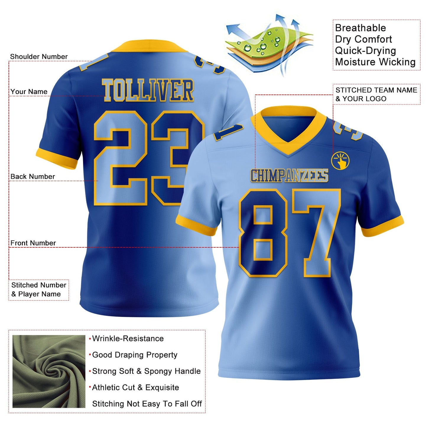 Custom Royal Light Blue-Gold Mesh Authentic Gradient Fashion Football Jersey - Sky-Custom