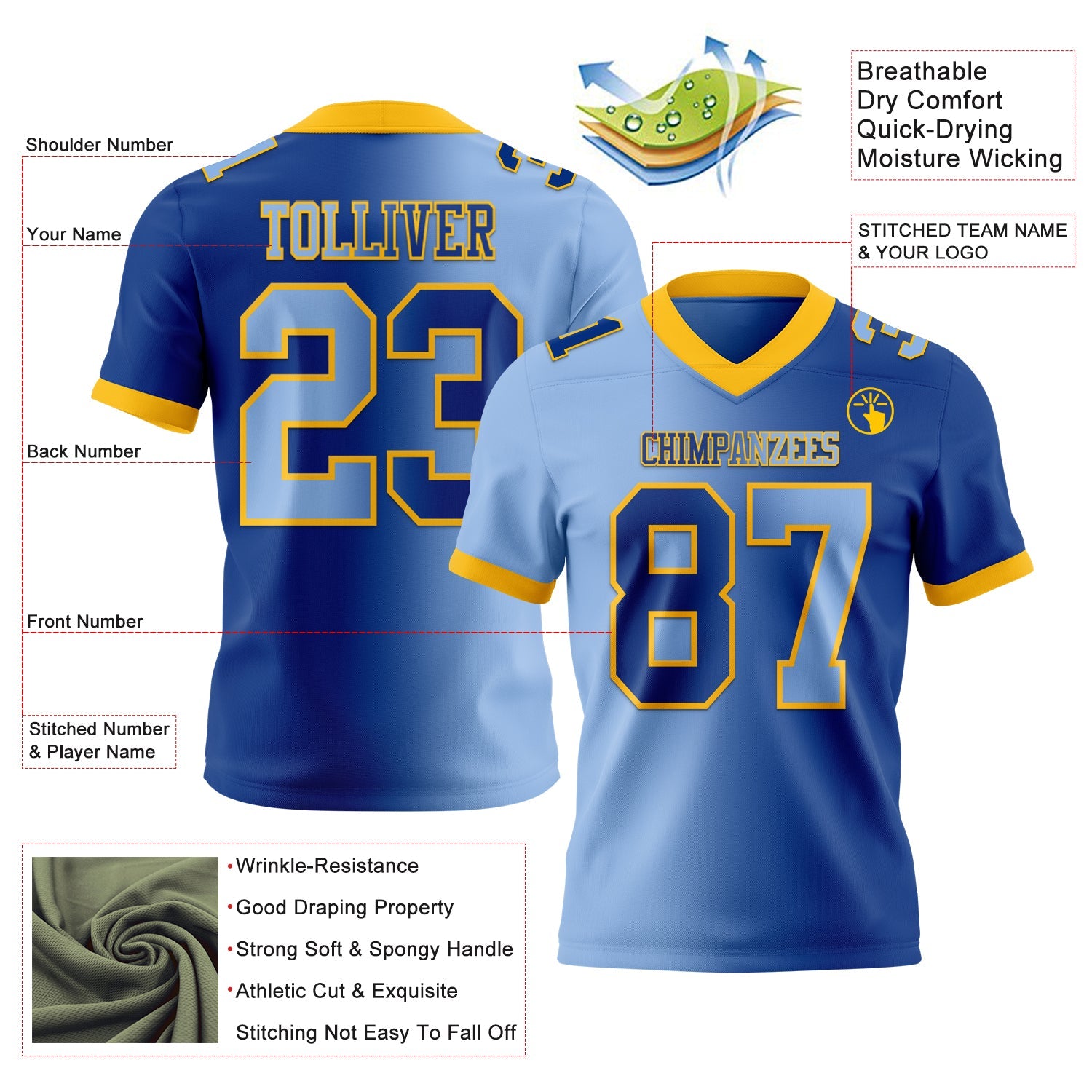 Custom Royal Light Blue-Gold Mesh Authentic Gradient Fashion Football Jersey - Sky-Custom