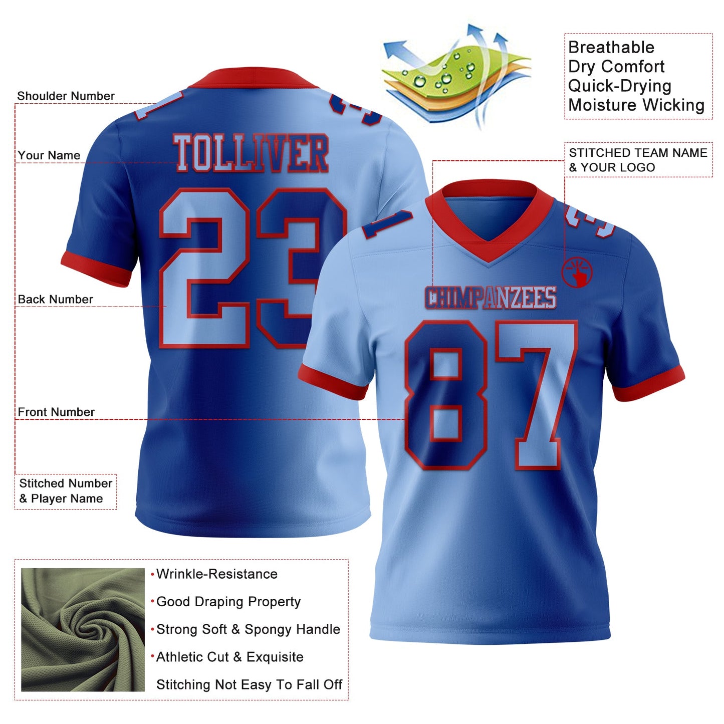 Custom Royal Light Blue-Red Mesh Authentic Gradient Fashion Football Jersey - Sky-Custom