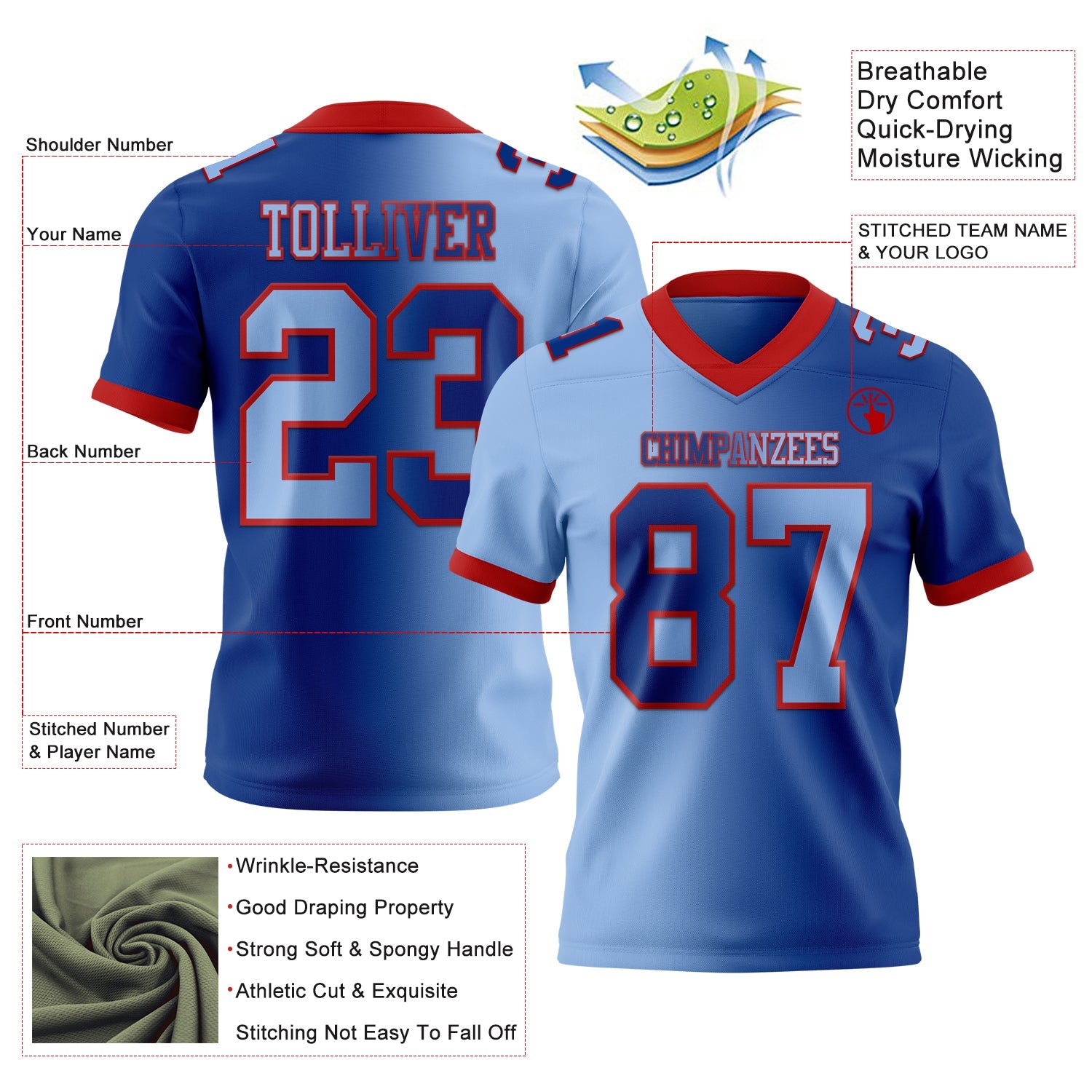 Custom Royal Light Blue-Red Mesh Authentic Gradient Fashion Football Jersey - Sky-Custom