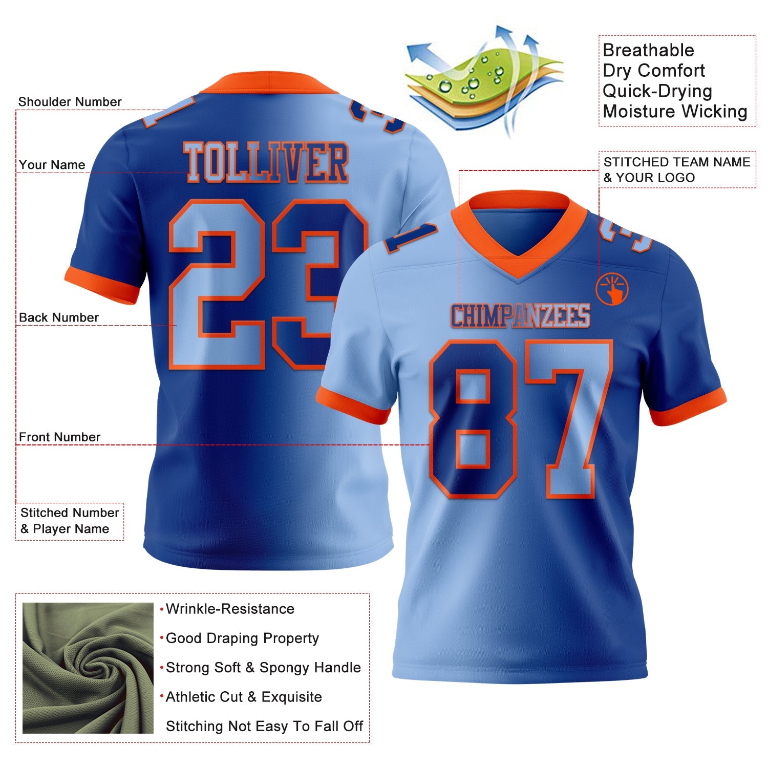 Custom Royal Light Blue-Orange Mesh Authentic Gradient Fashion Football Jersey - Sky-Custom