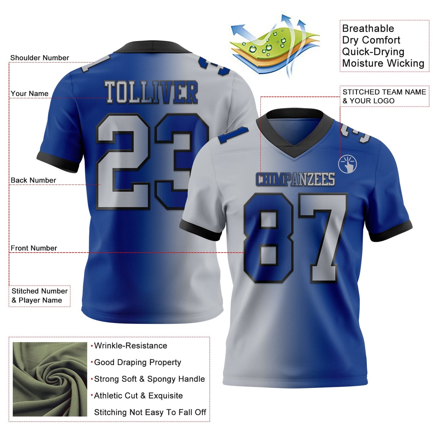 Custom Royal Gray-Black Mesh Authentic Gradient Fashion Football Jersey - Sky-Custom