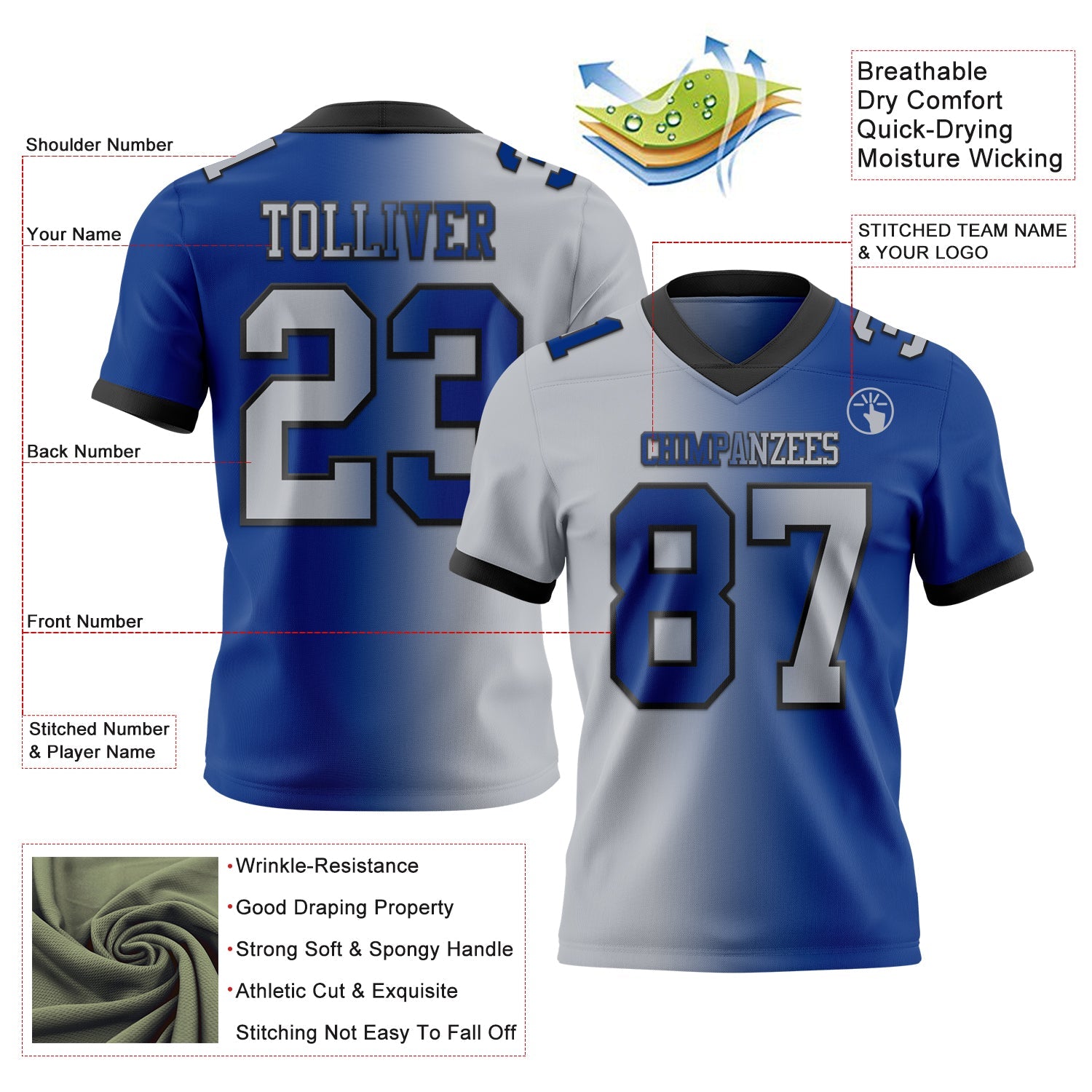 Custom Royal Gray-Black Mesh Authentic Gradient Fashion Football Jersey - Sky-Custom