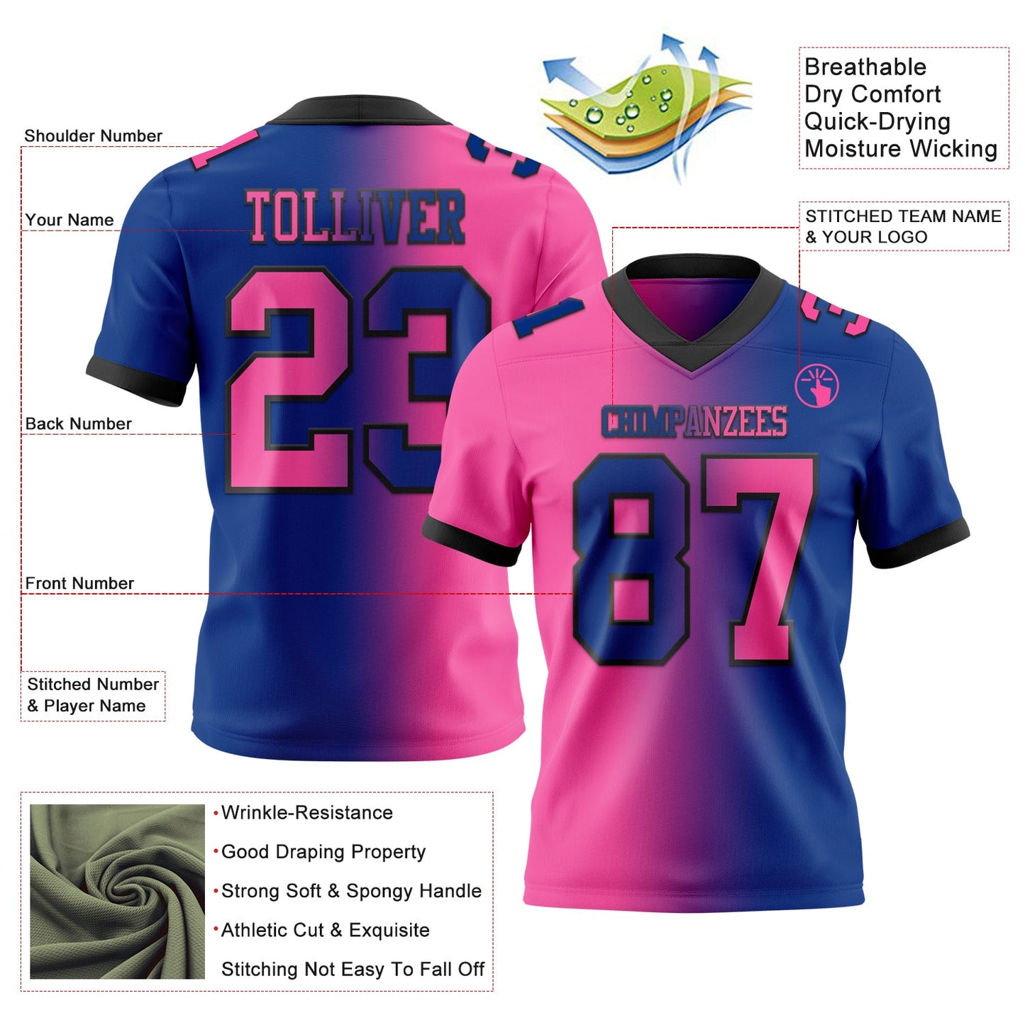 Custom Royal Pink-Black Mesh Authentic Gradient Fashion Football Jersey - Sky-Custom