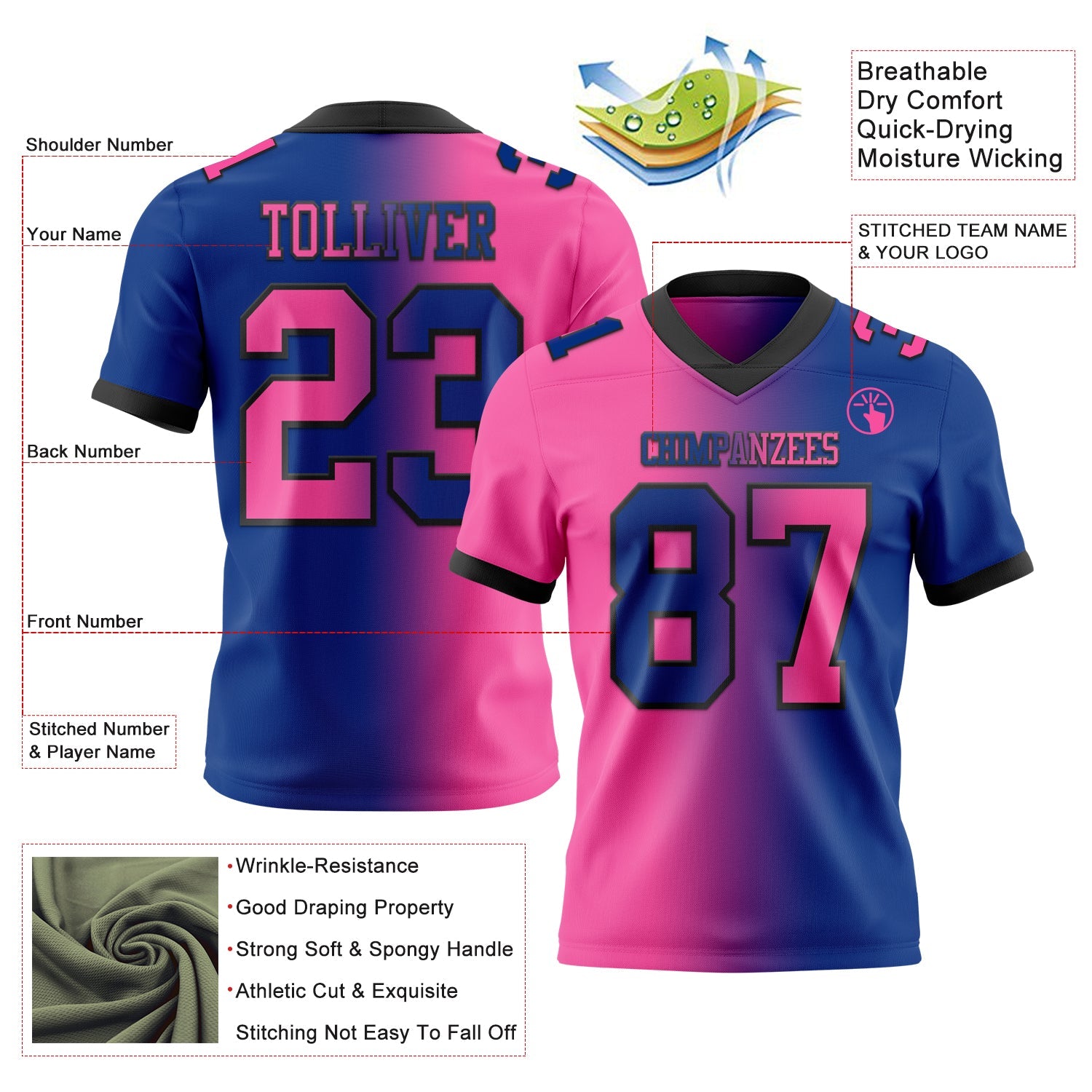 Custom Royal Pink-Black Mesh Authentic Gradient Fashion Football Jersey - Sky-Custom