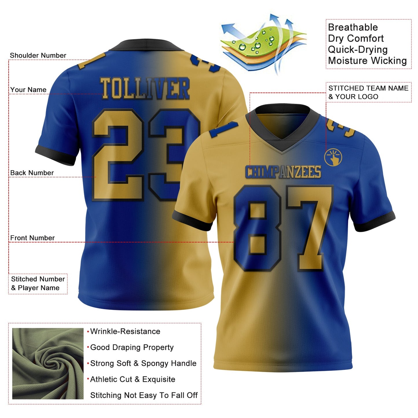 Custom Royal Old Gold-Black Mesh Authentic Gradient Fashion Football Jersey - Sky-Custom