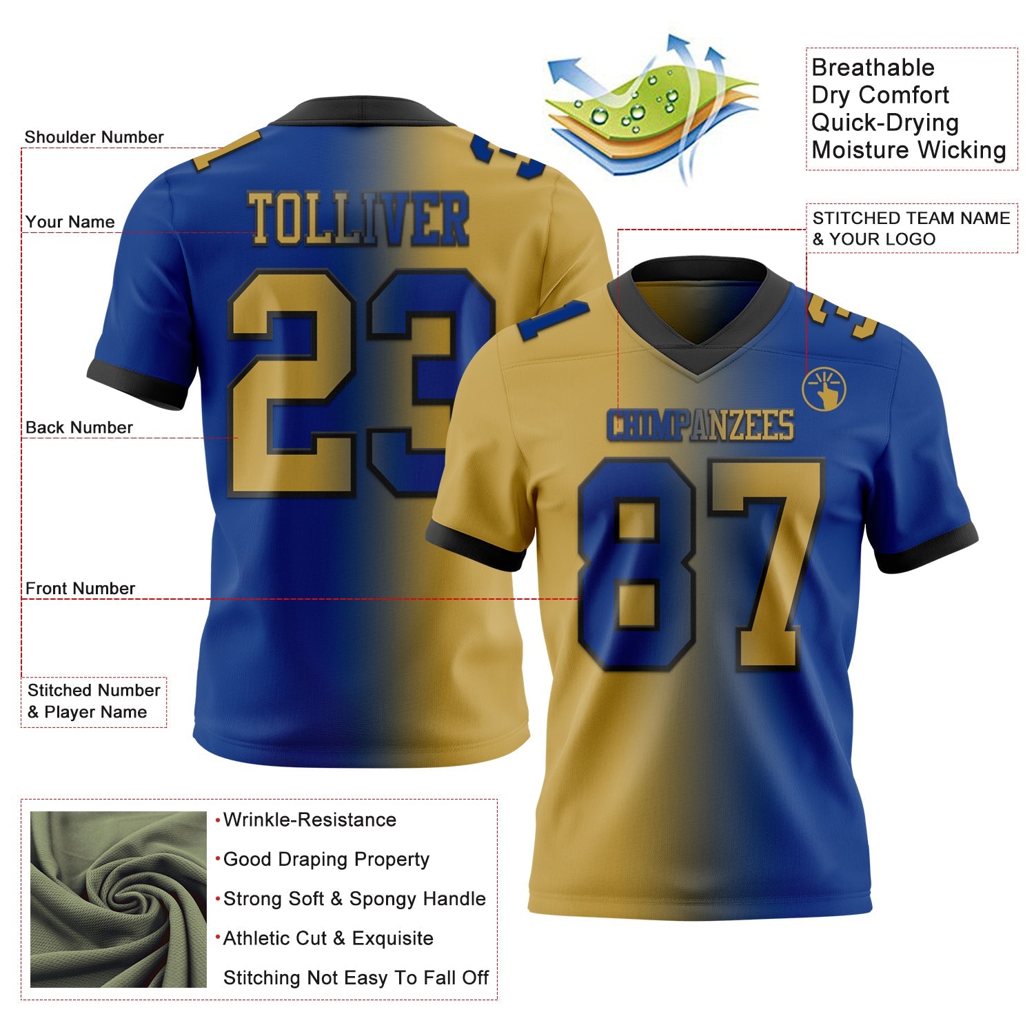 Custom Royal Old Gold-Black Mesh Authentic Gradient Fashion Football Jersey - Sky-Custom
