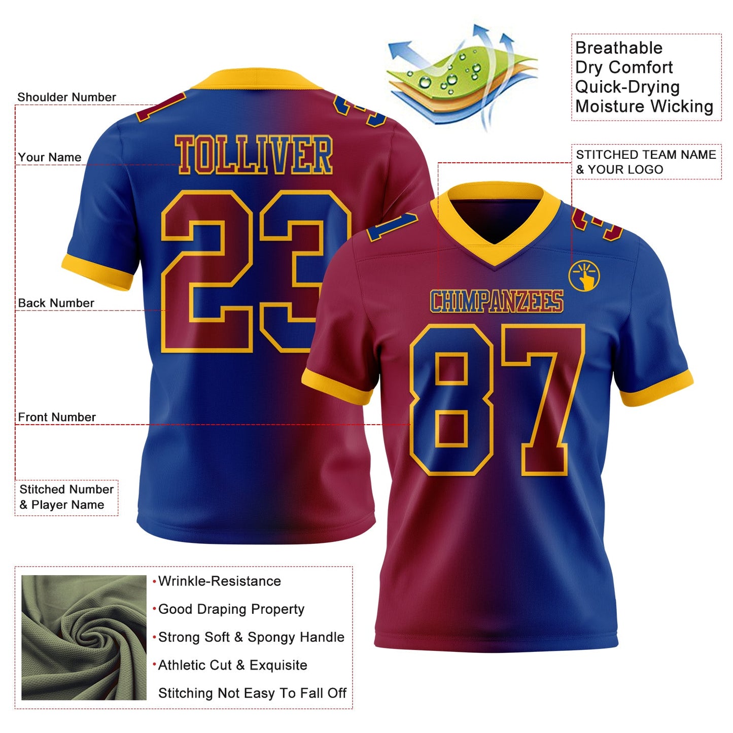 Custom Royal Maroon-Gold Mesh Authentic Gradient Fashion Football Jersey - Sky-Custom