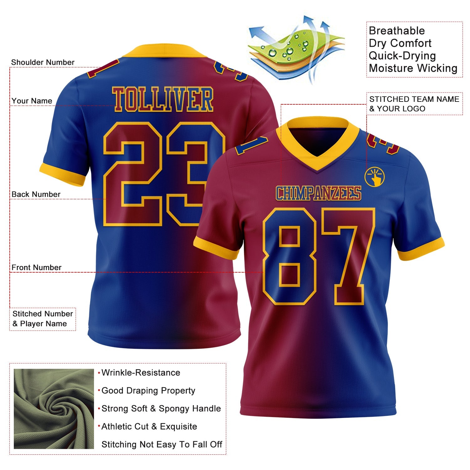 Custom Royal Maroon-Gold Mesh Authentic Gradient Fashion Football Jersey - Sky-Custom