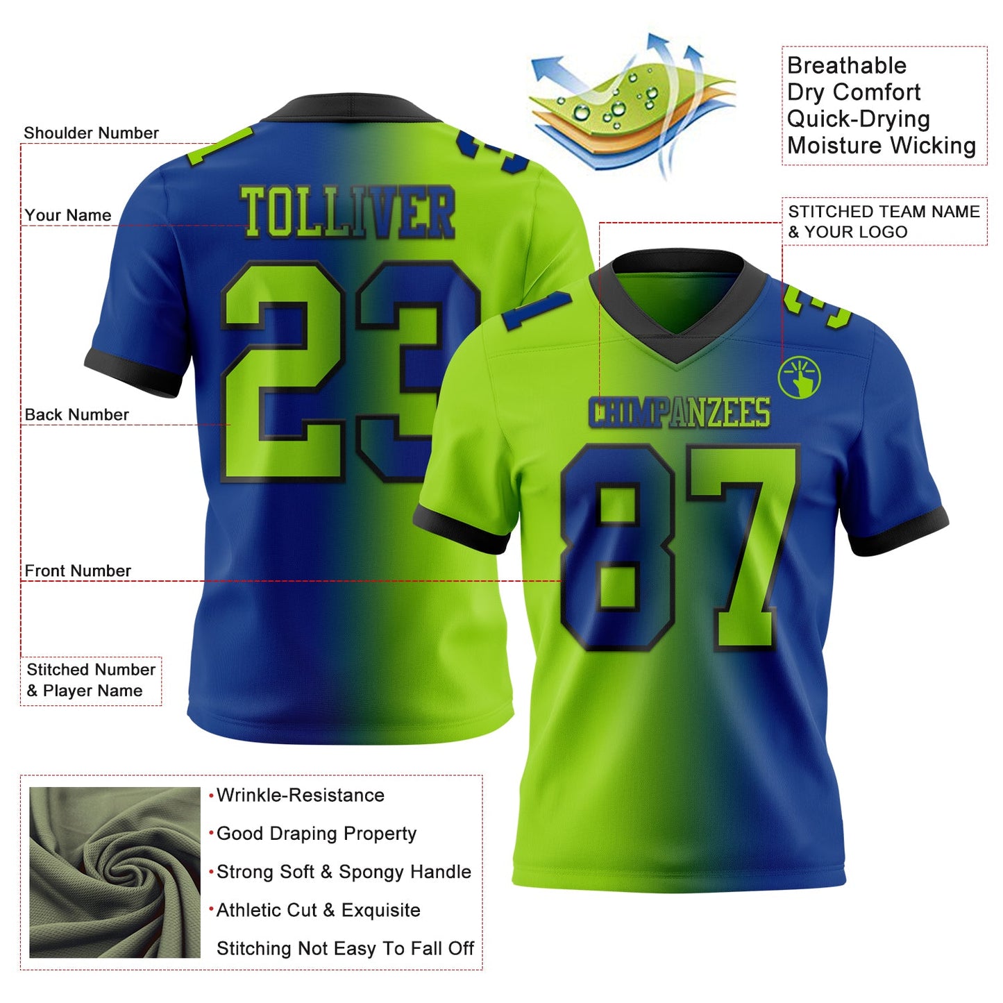 Custom Royal Neon Green-Black Mesh Authentic Gradient Fashion Football Jersey - Sky-Custom