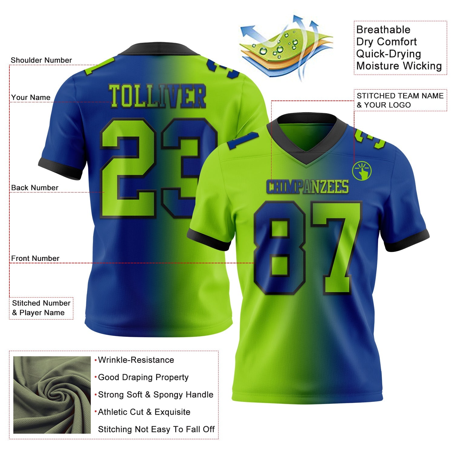 Custom Royal Neon Green-Black Mesh Authentic Gradient Fashion Football Jersey - Sky-Custom