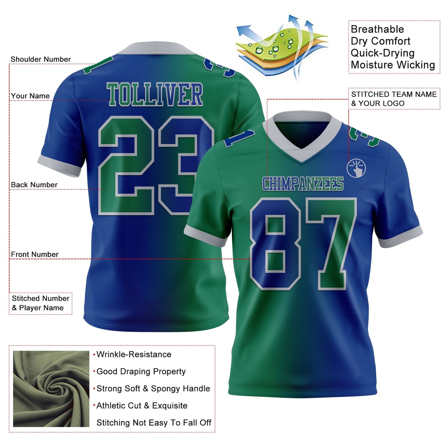 Custom Royal Kelly Green-Gray Mesh Authentic Gradient Fashion Football Jersey - Sky-Custom