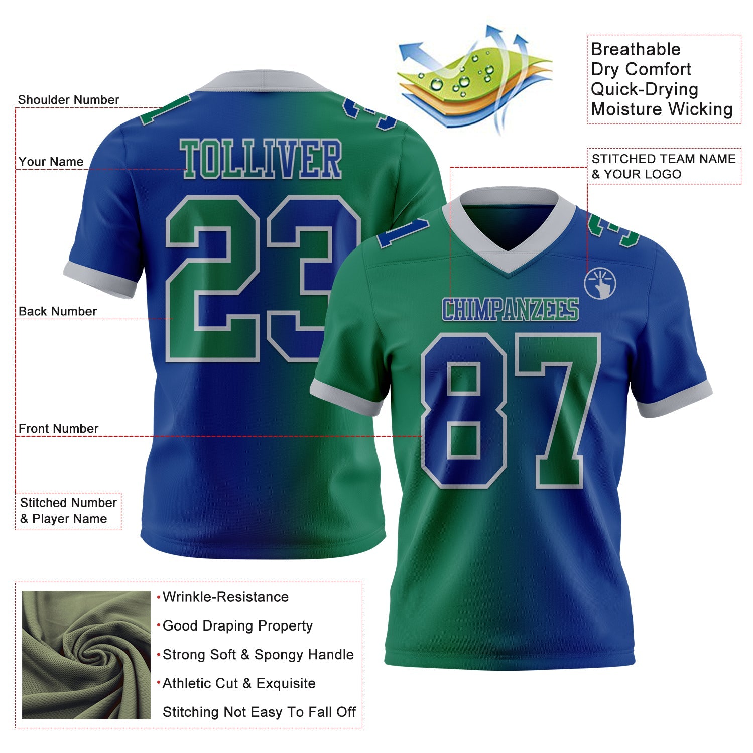 Custom Royal Kelly Green-Gray Mesh Authentic Gradient Fashion Football Jersey - Sky-Custom