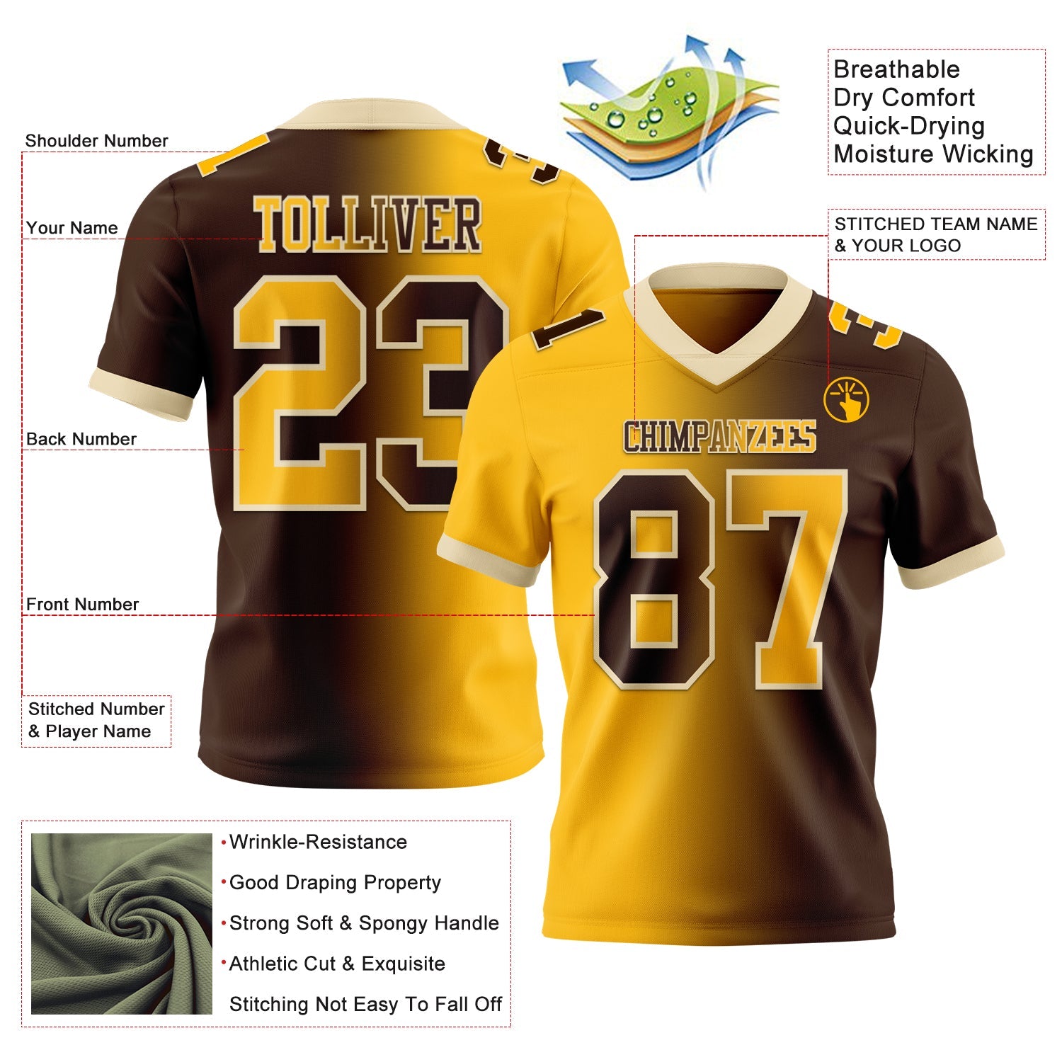 Custom Brown Gold-Cream Mesh Authentic Gradient Fashion Football Jersey - Sky-Custom