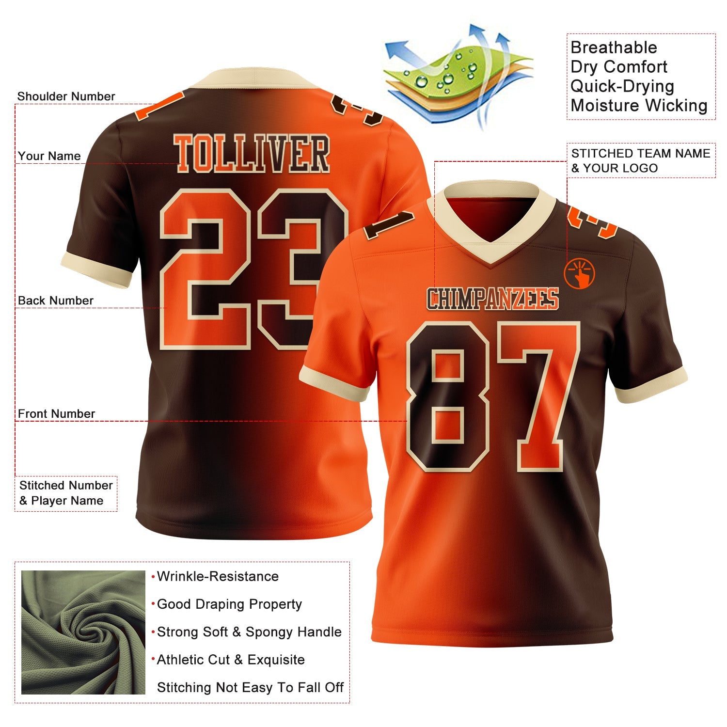 Custom Brown Orange-Cream Mesh Authentic Gradient Fashion Football Jersey - Sky-Custom
