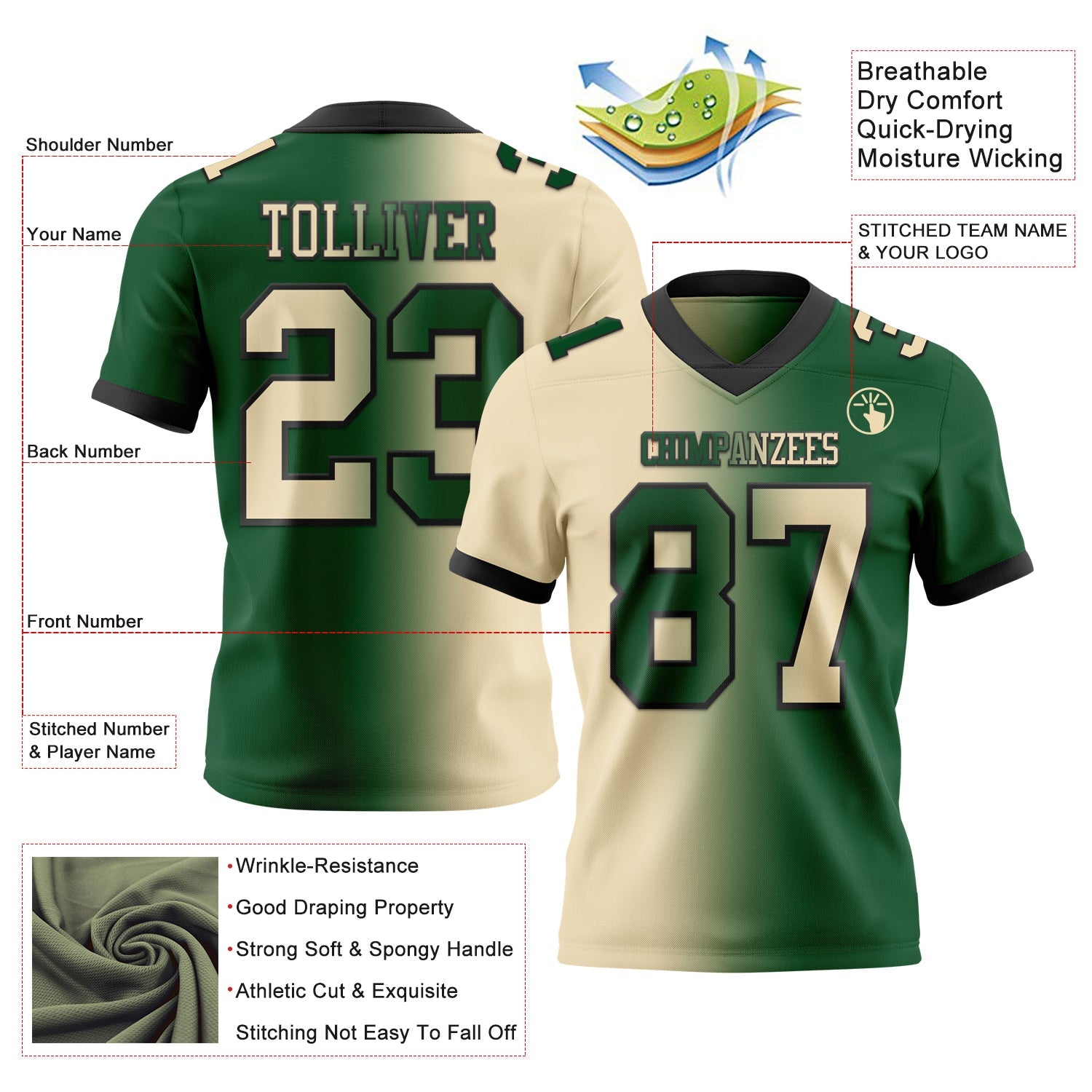 Custom Green Cream-Black Mesh Authentic Gradient Fashion Football Jersey - Sky-Custom