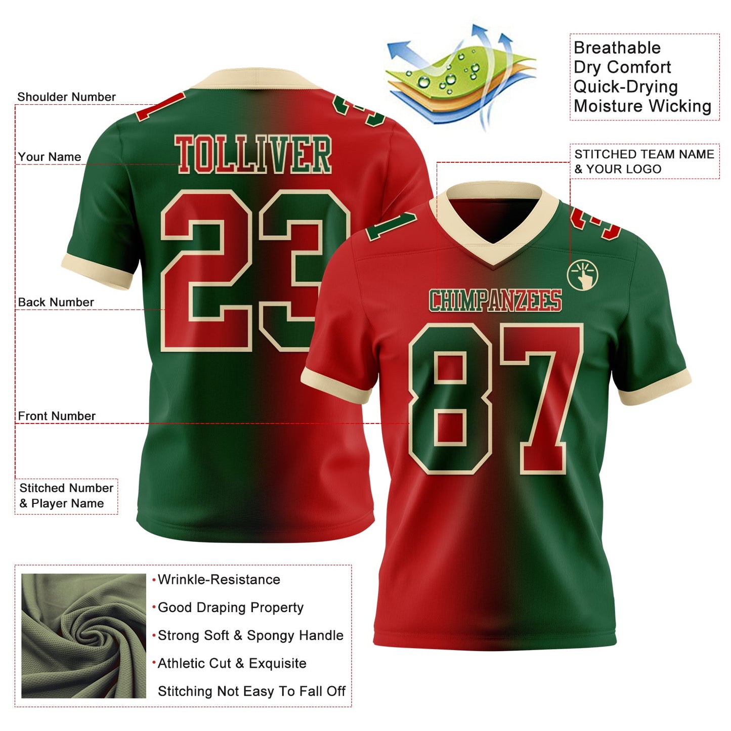 Custom Green Red-Cream Mesh Authentic Gradient Fashion Football Jersey - Sky-Custom